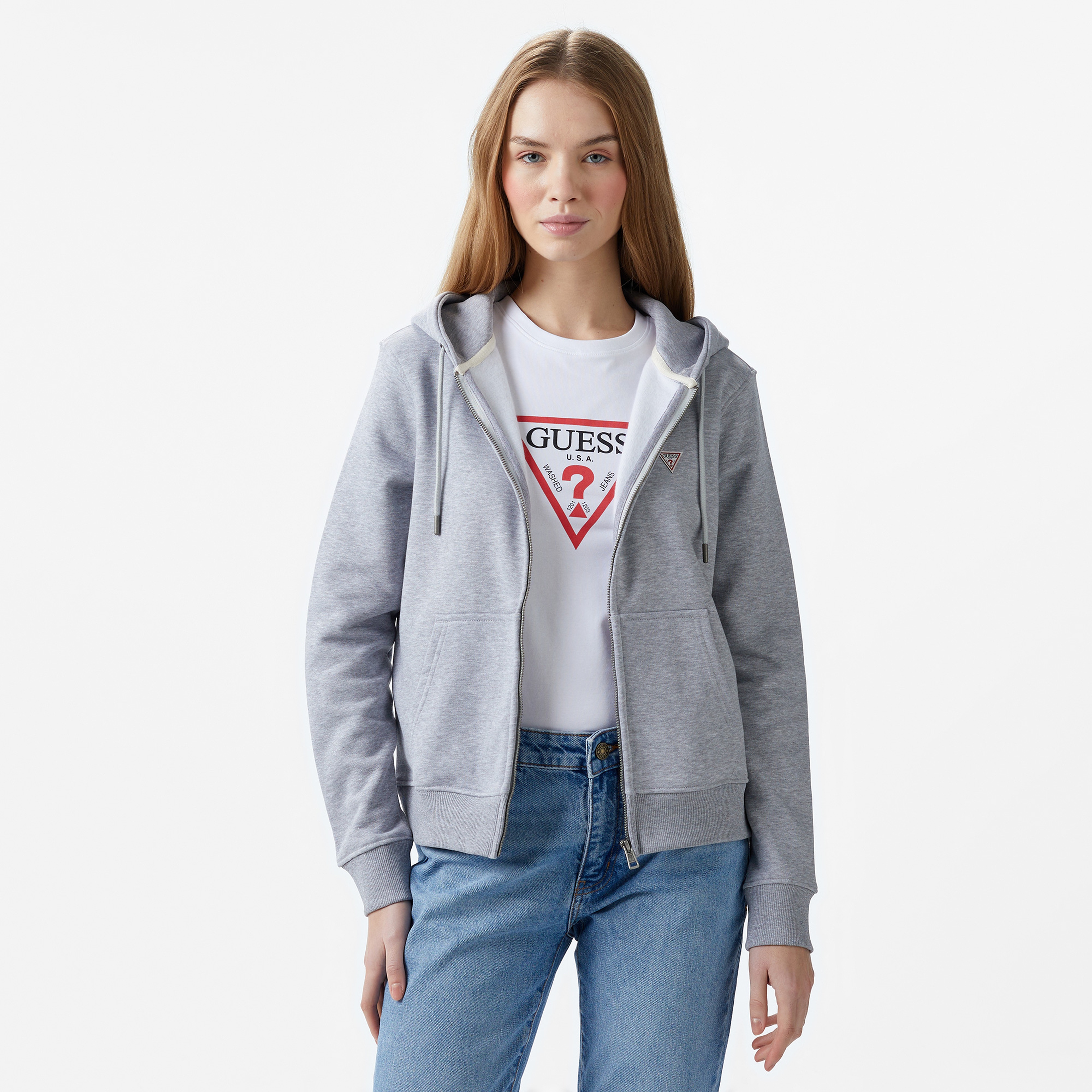 Guess Zip Hood Organic Soft Fleece 350 Kadın Mavi Sweatshirt