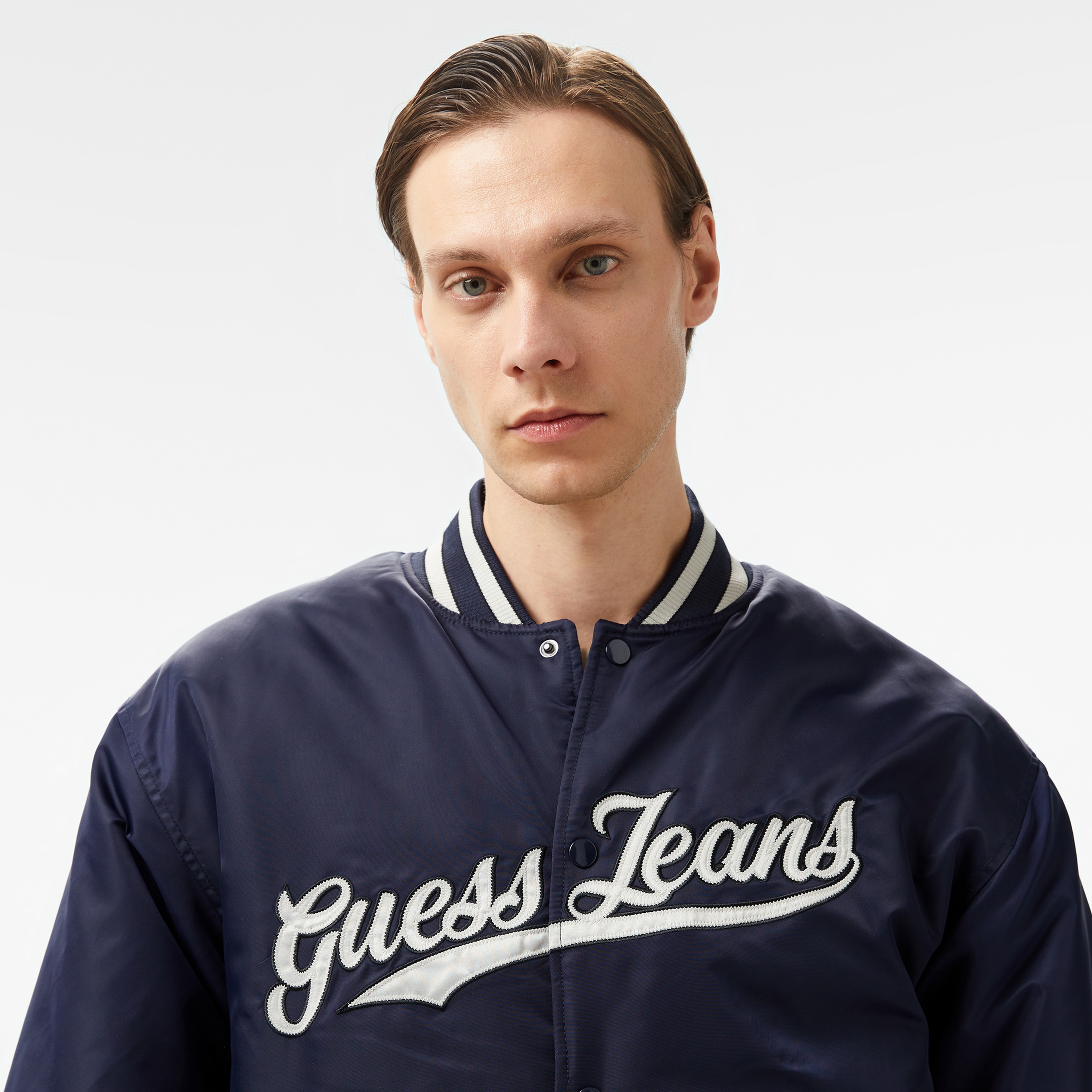 Guess Bomber With Patch Nylon Satin 165 Erkek Lacivert Ceket