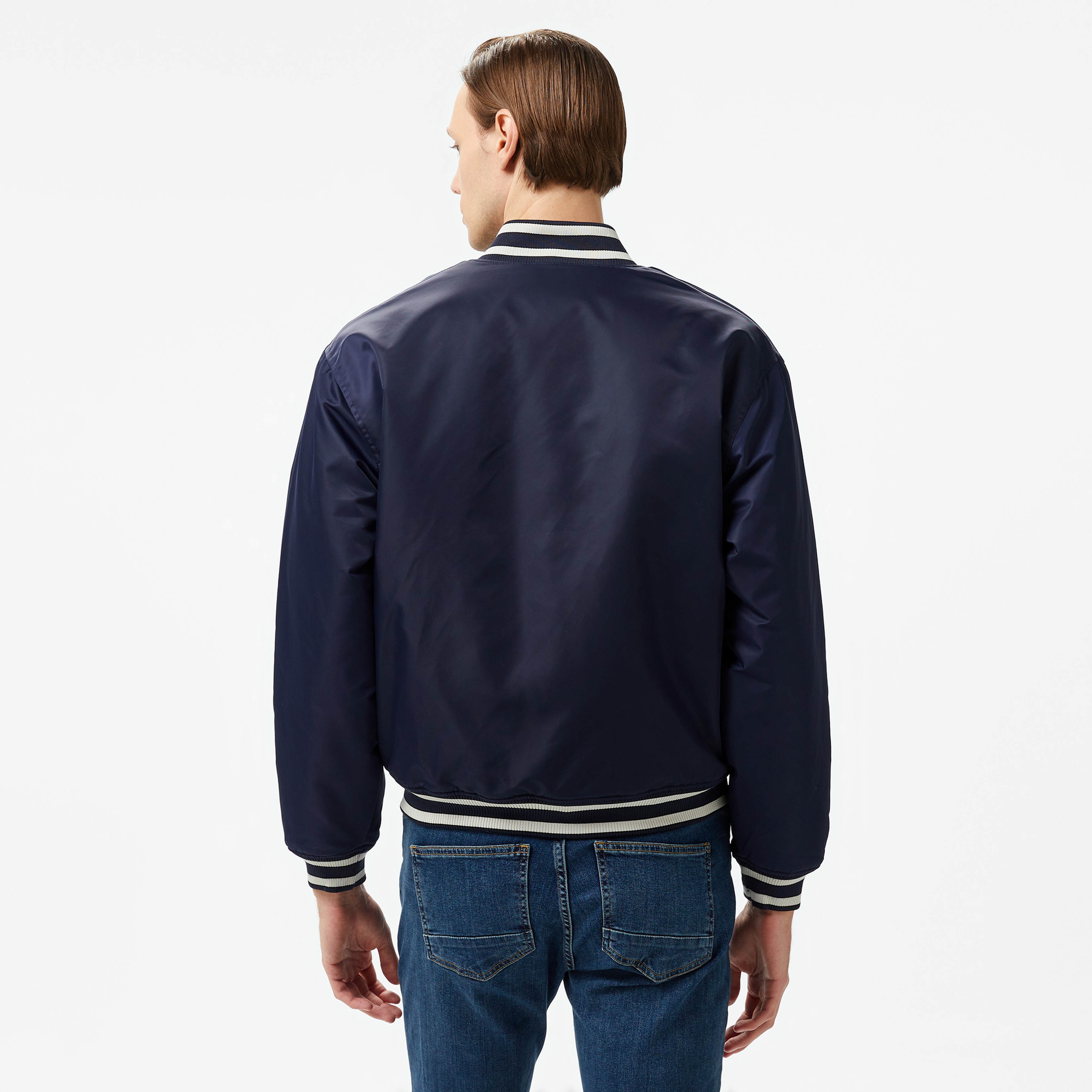 Guess Bomber With Patch Nylon Satin 165 Erkek Lacivert Ceket