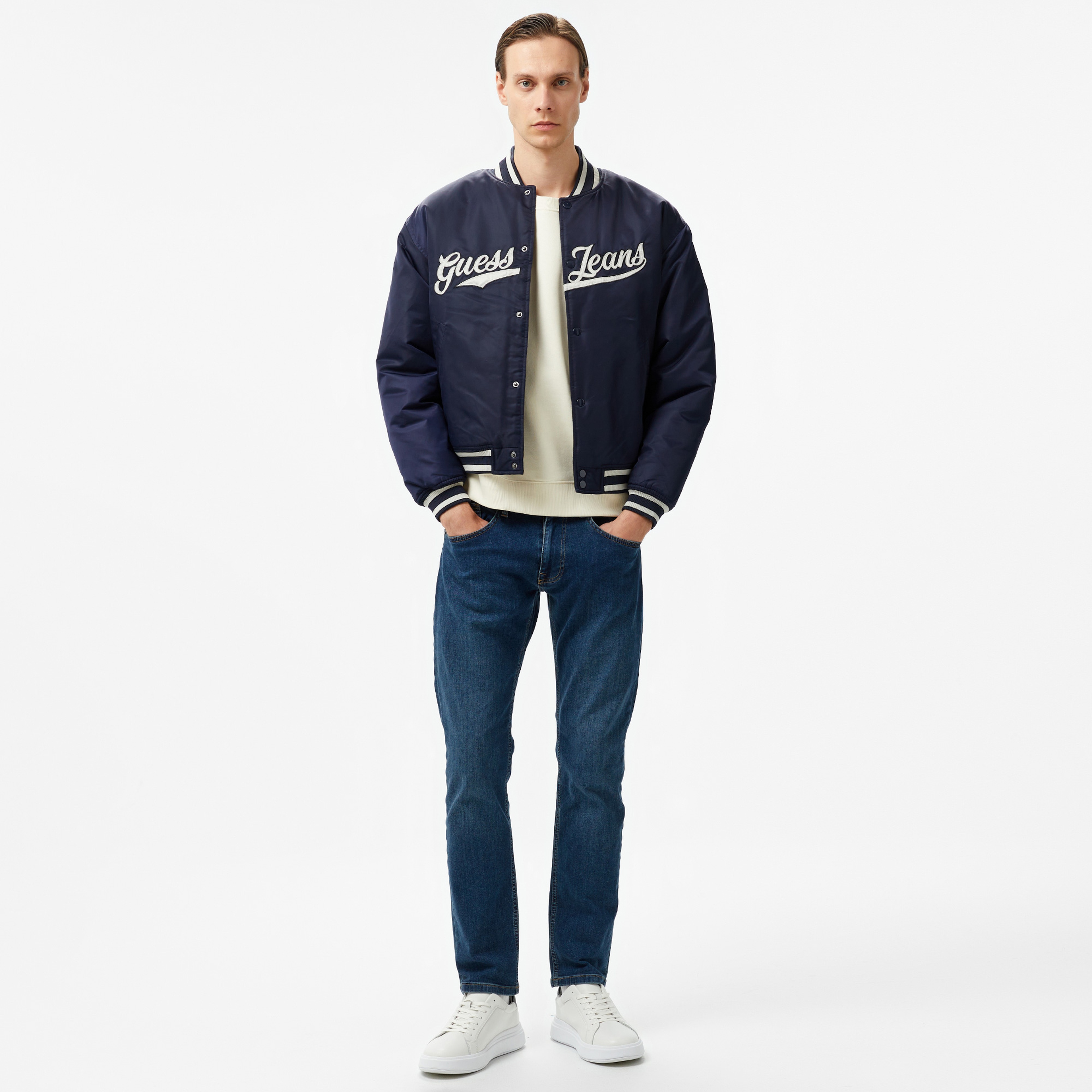 Guess Bomber With Patch Nylon Satin 165 Erkek Lacivert Ceket