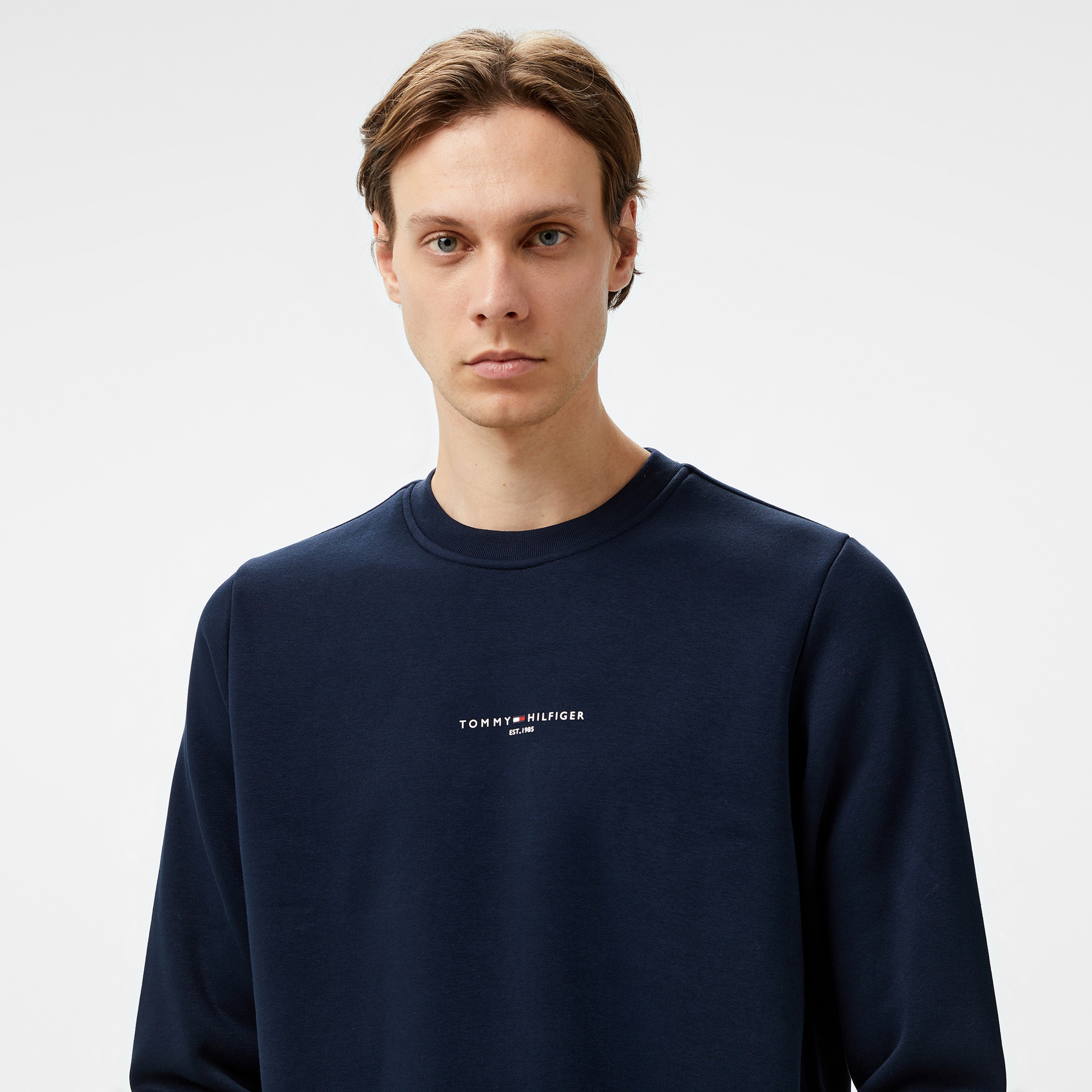 Tommy Hilfiger Tommy Logo Tipped Crewneck Erkek Mavi Sweatshirt