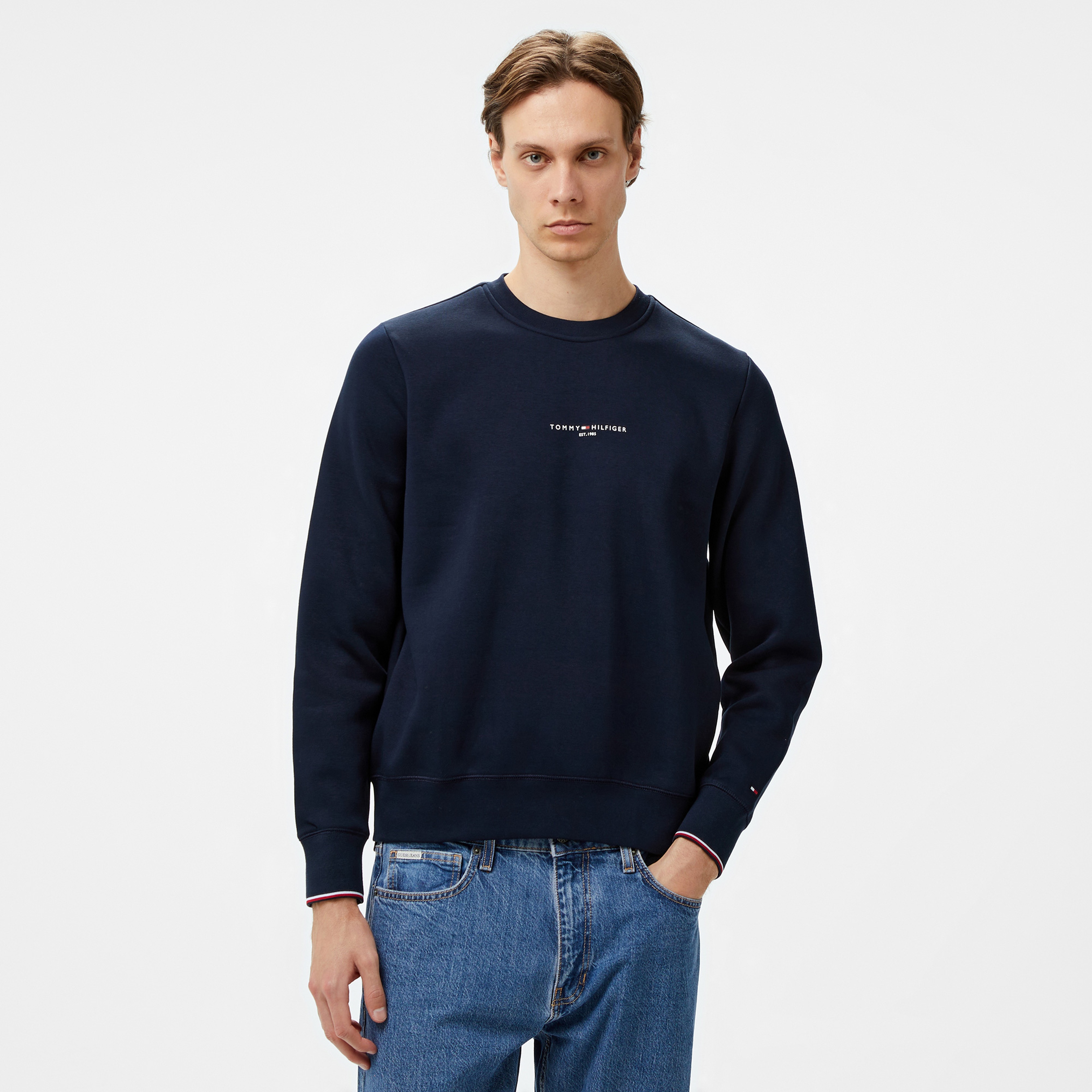 Tommy Hilfiger Tommy Logo Tipped Crewneck Erkek Mavi Sweatshirt