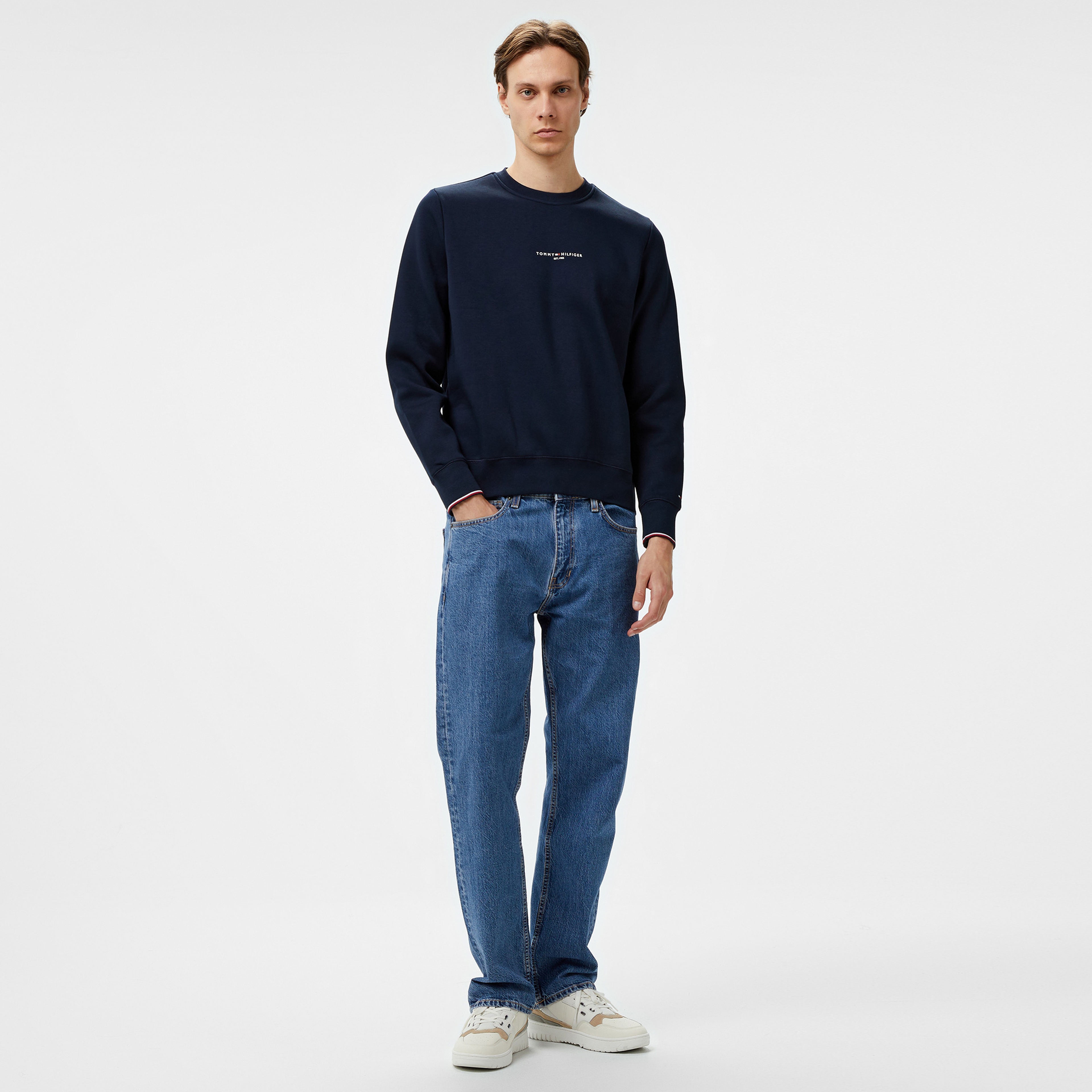 Tommy Hilfiger Tommy Logo Tipped Crewneck Erkek Mavi Sweatshirt