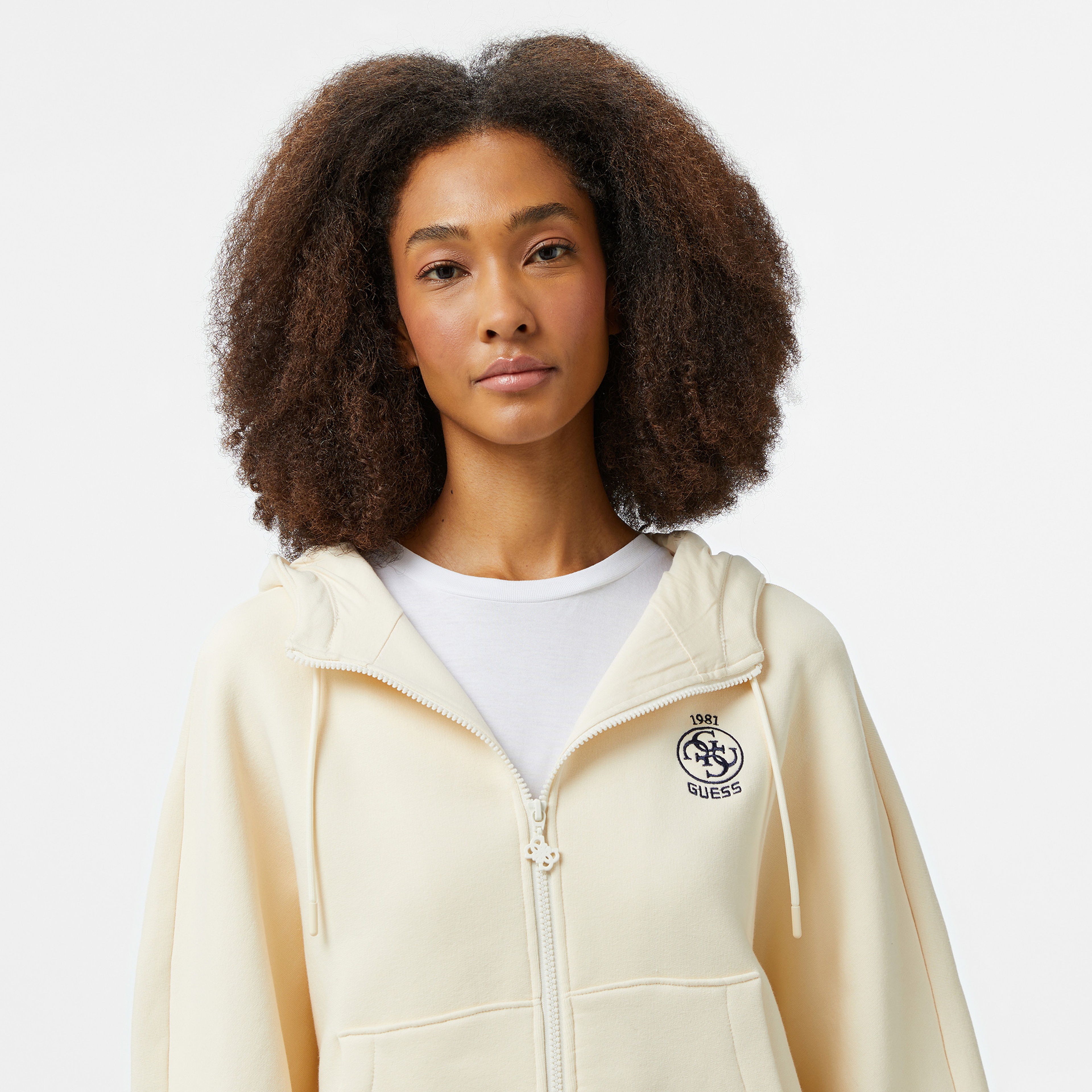 Guess Nıa Full Zip Sweatsh Poly Str Fleece 425 Kadın Beyaz Sweatshirt