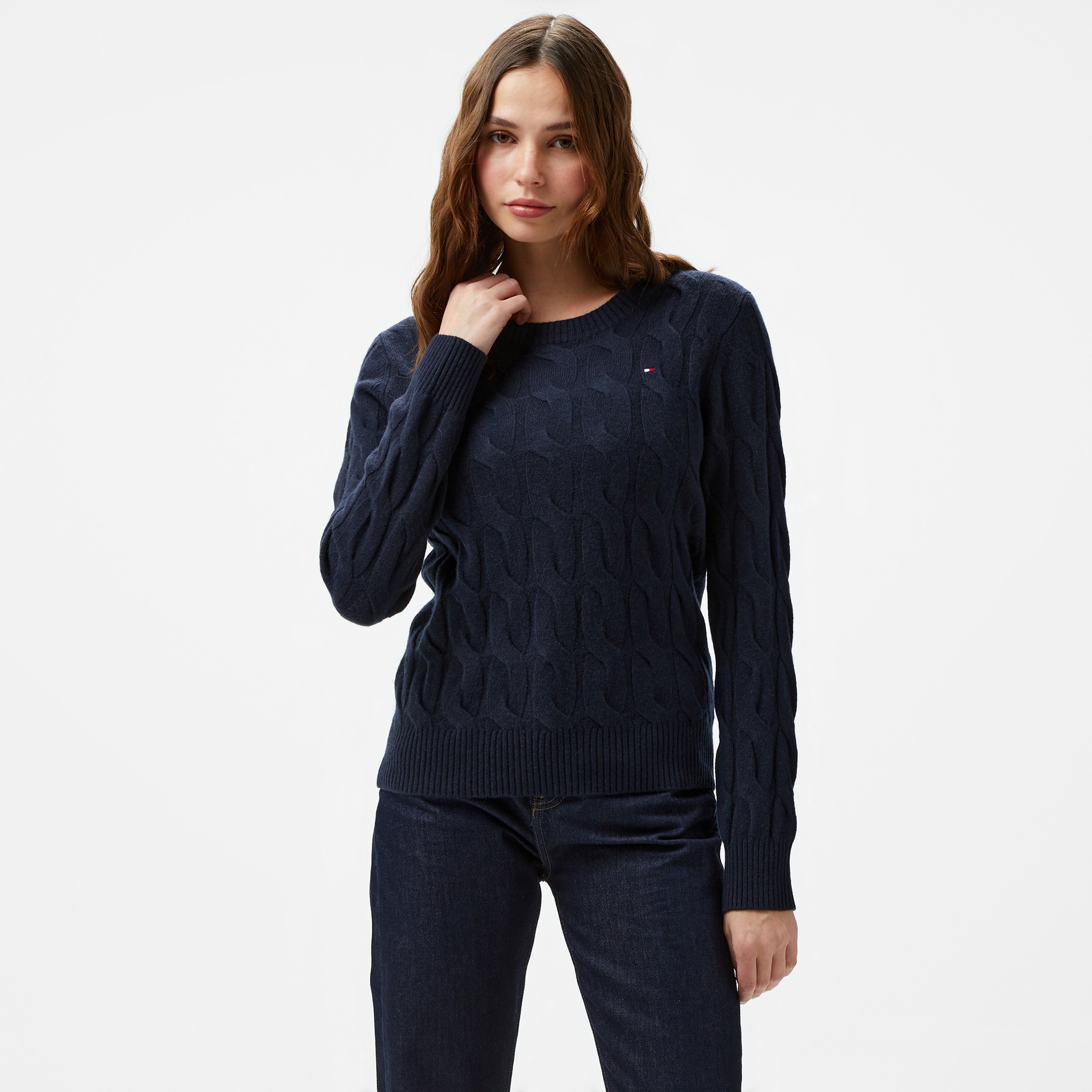 Tommy Hilfiger Soft Wool Cable Kadın Mavi Kazak