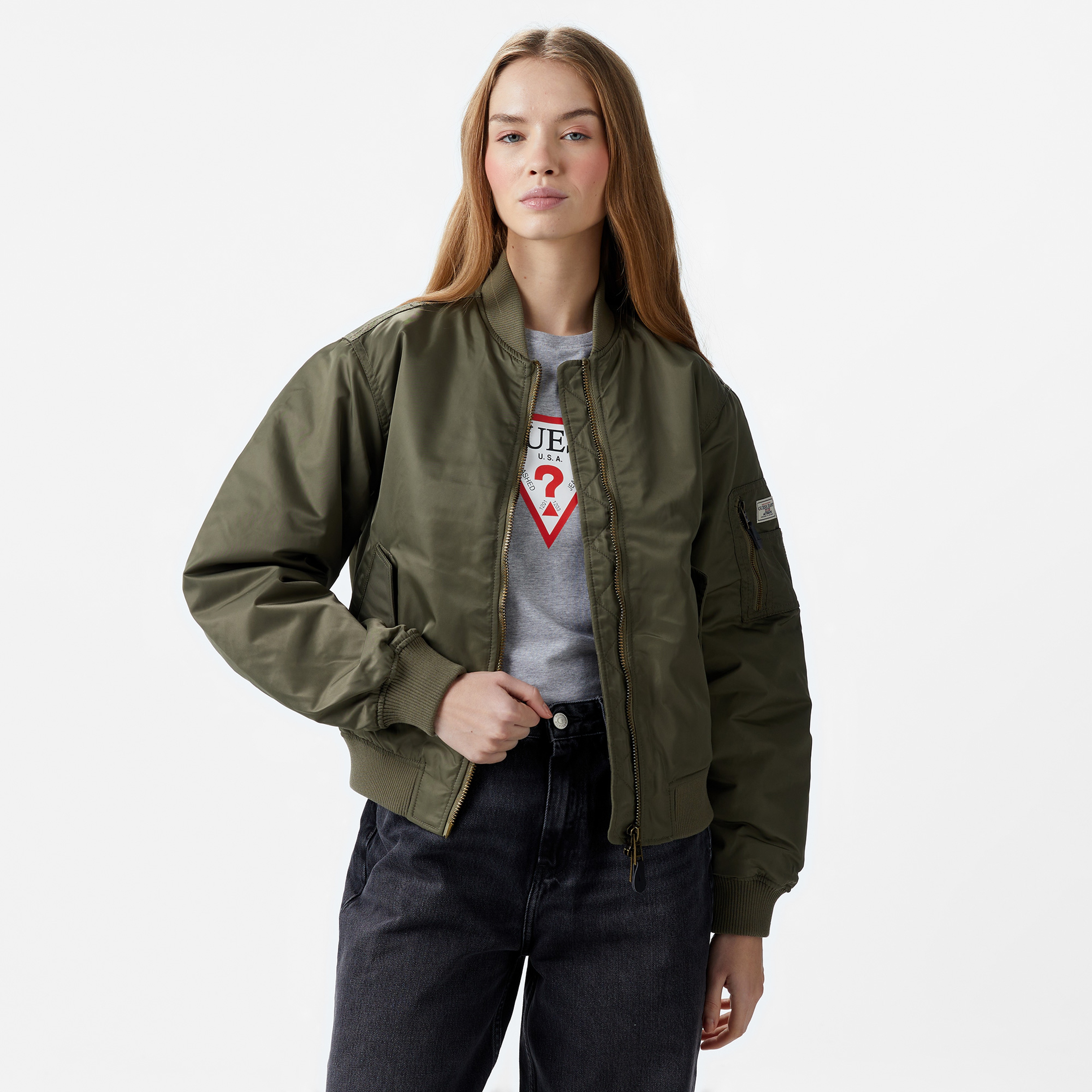 Guess Bomber Nylon Satin 165 Kadın Haki Ceket