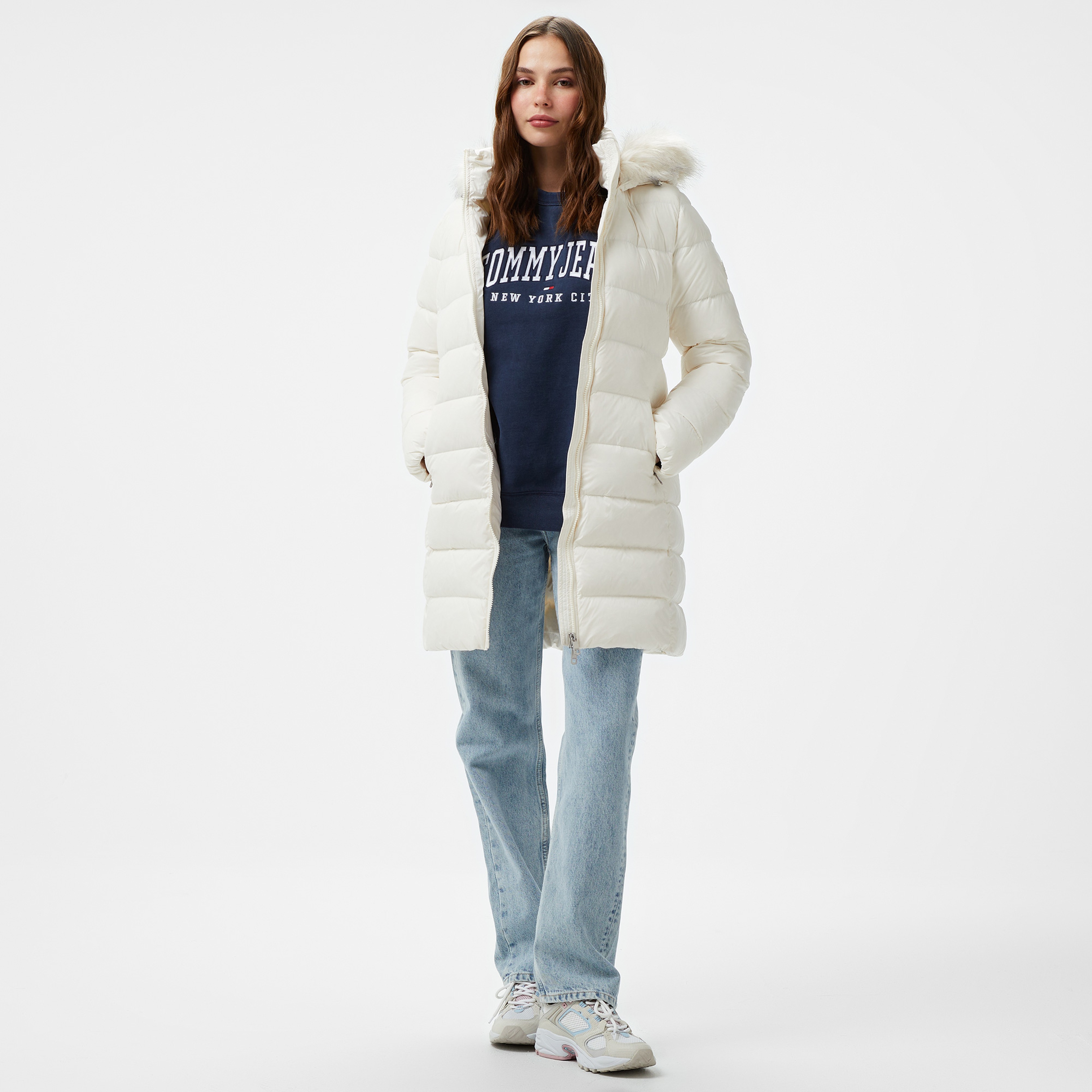 Tommy Hilfiger Gloss Down Tyra With Fur Kadın Beyaz Mont