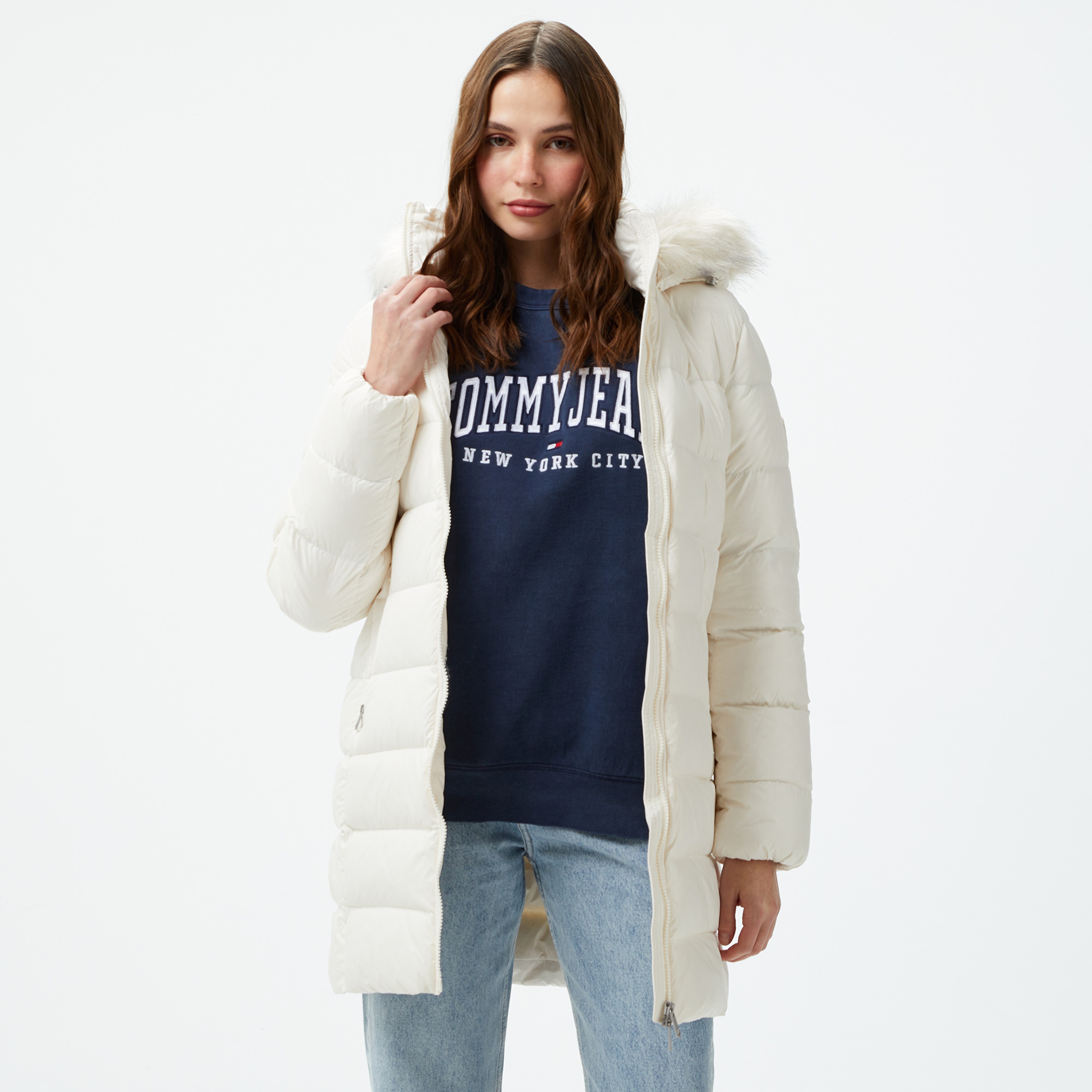 Tommy Hilfiger Gloss Down Tyra With Fur Kadın Beyaz Mont