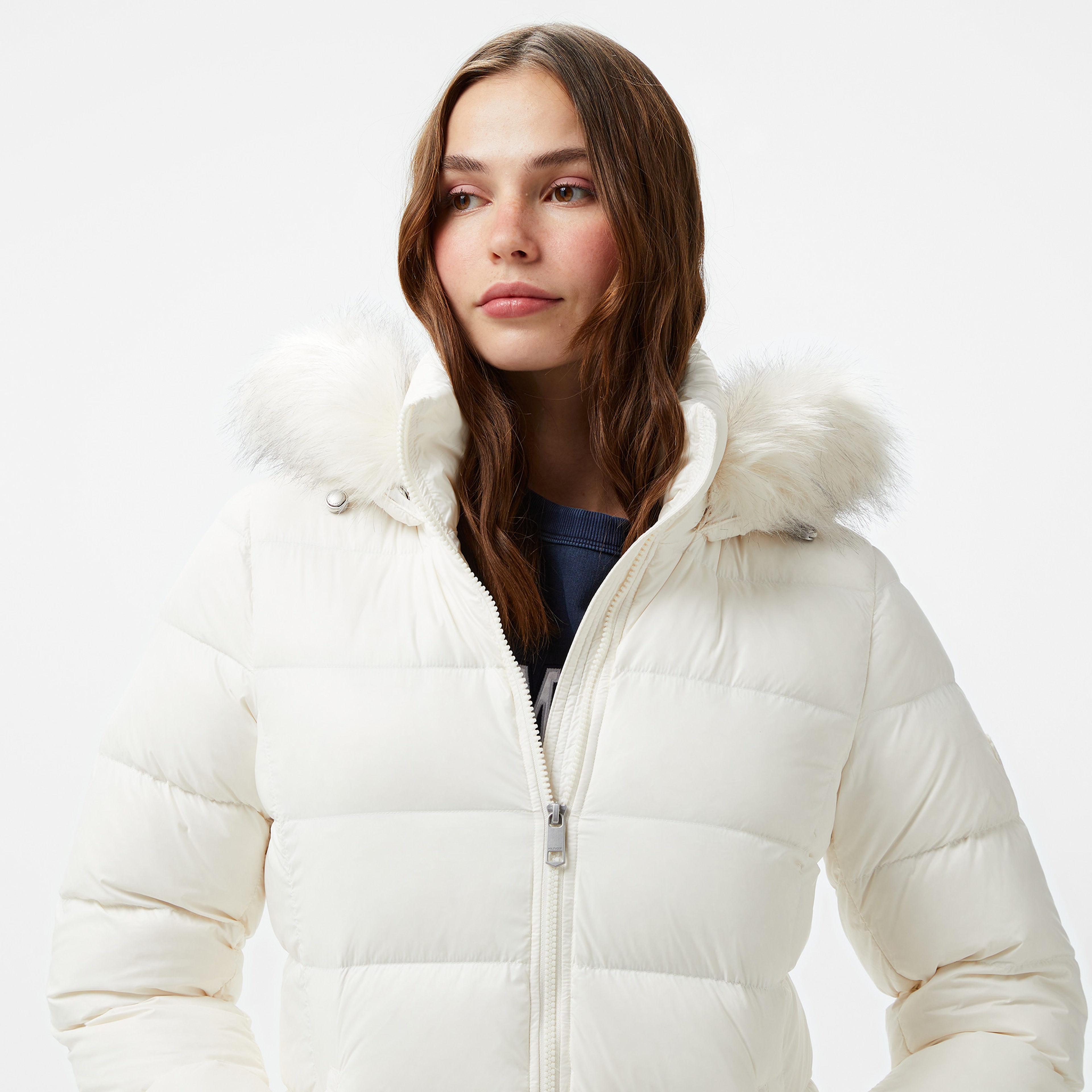 Tommy Hilfiger Gloss Down Tyra With Fur Kadın Beyaz Mont