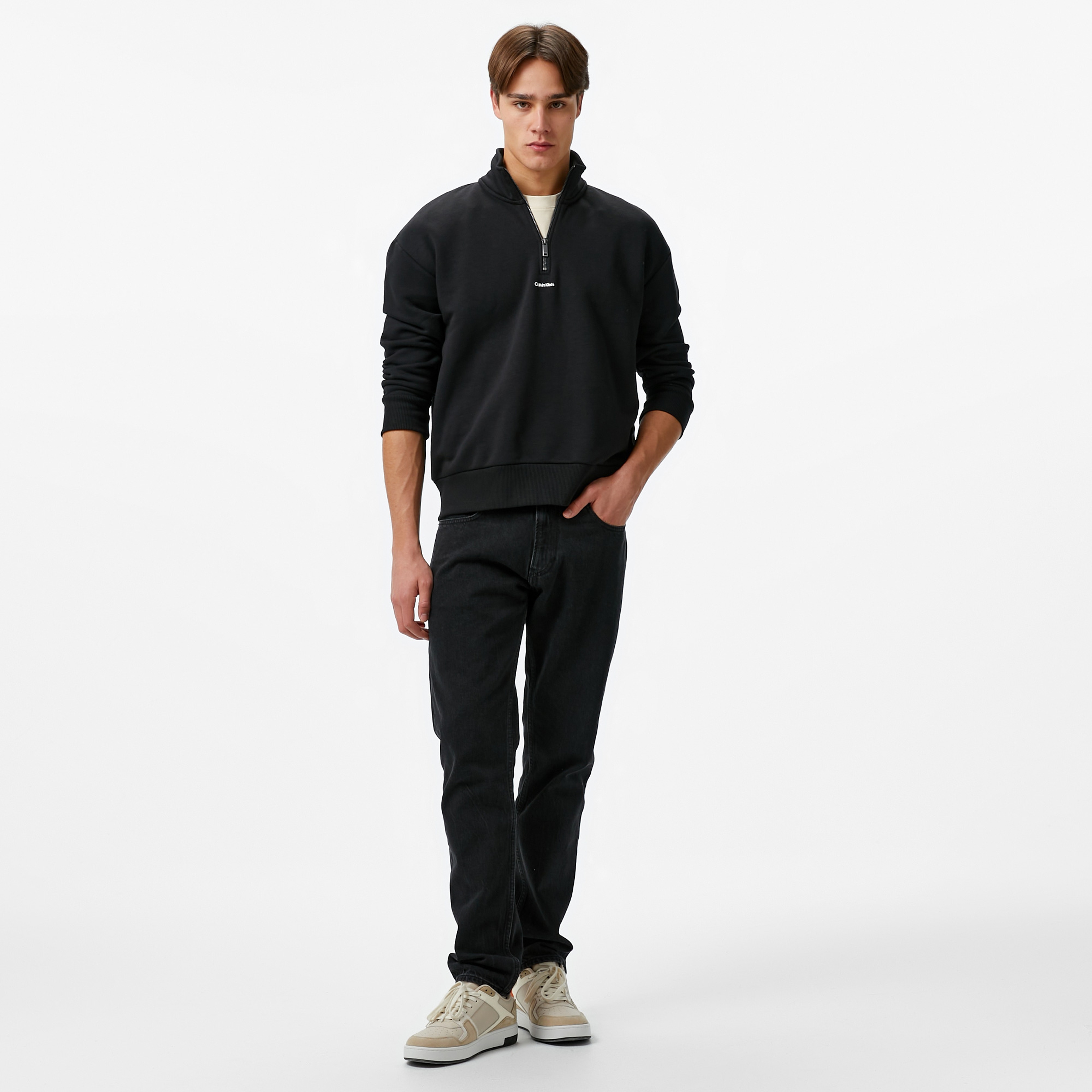 Calvin Klein Nano Logo Q-Zip Erkek Siyah Sweatshirt