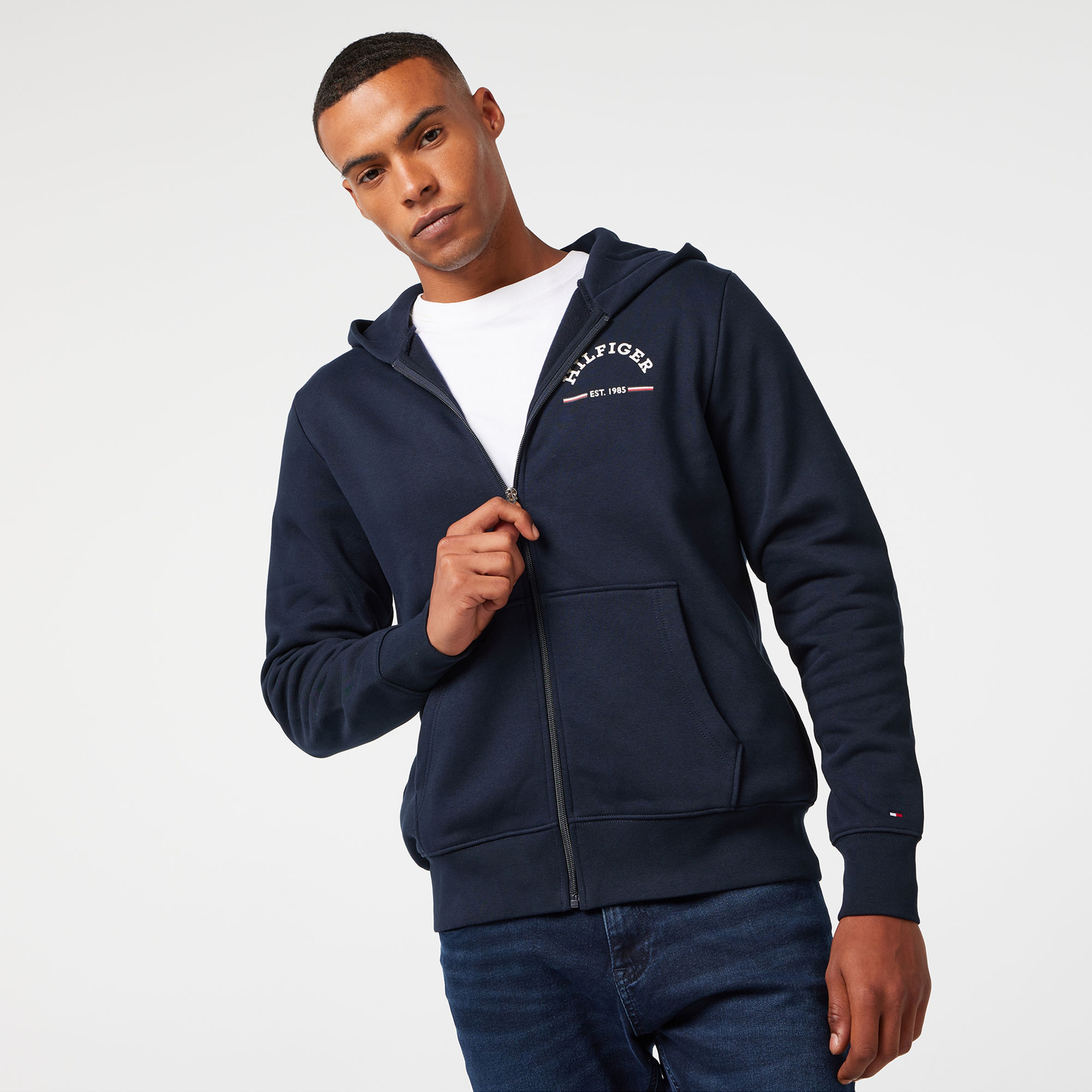 Tommy Hilfiger Roundall Hooded Zip Through Erkek Mavi Hoodie