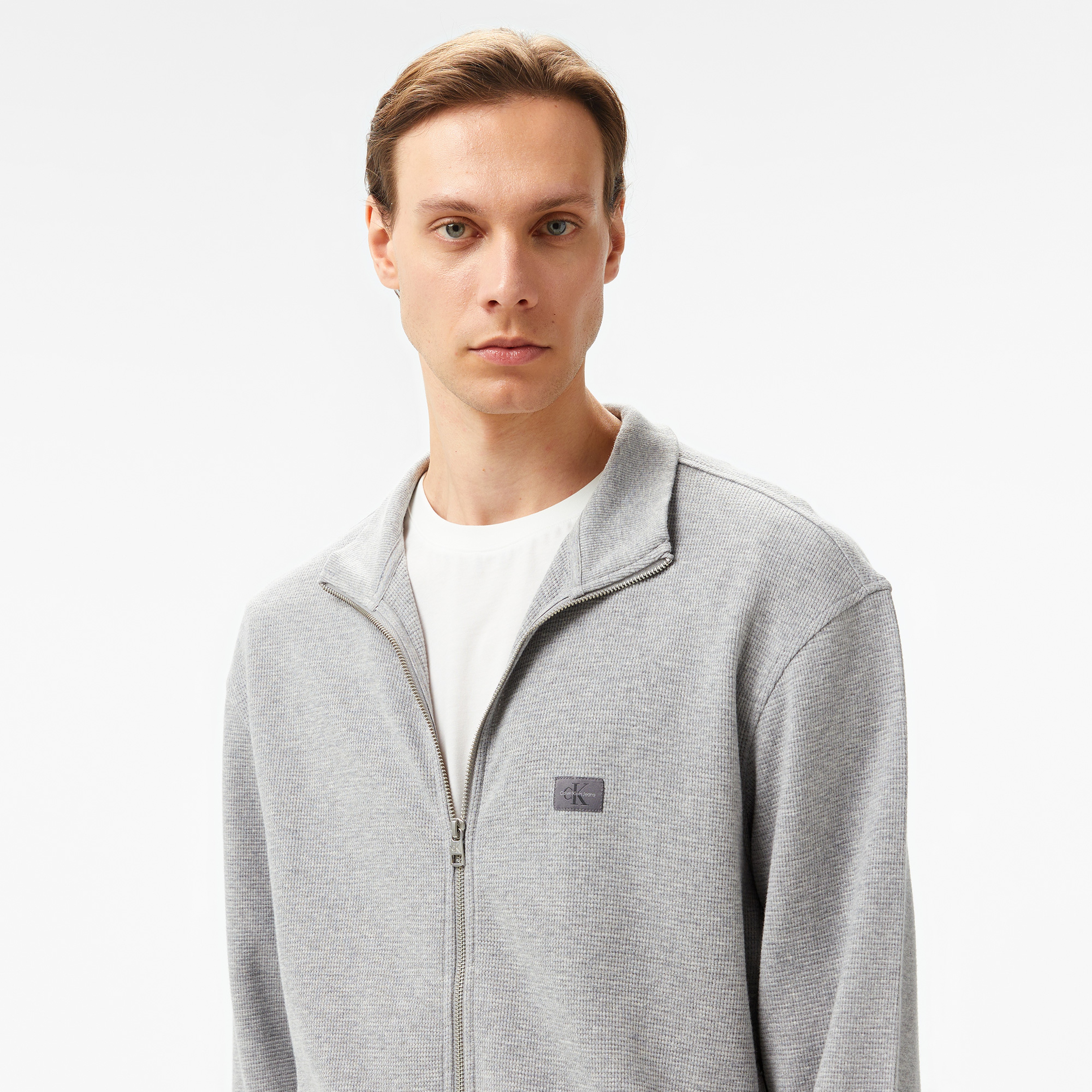 Calvin Klein Jeans Woven Label Waffle Zip Through Erkek Gri Sweatshirt