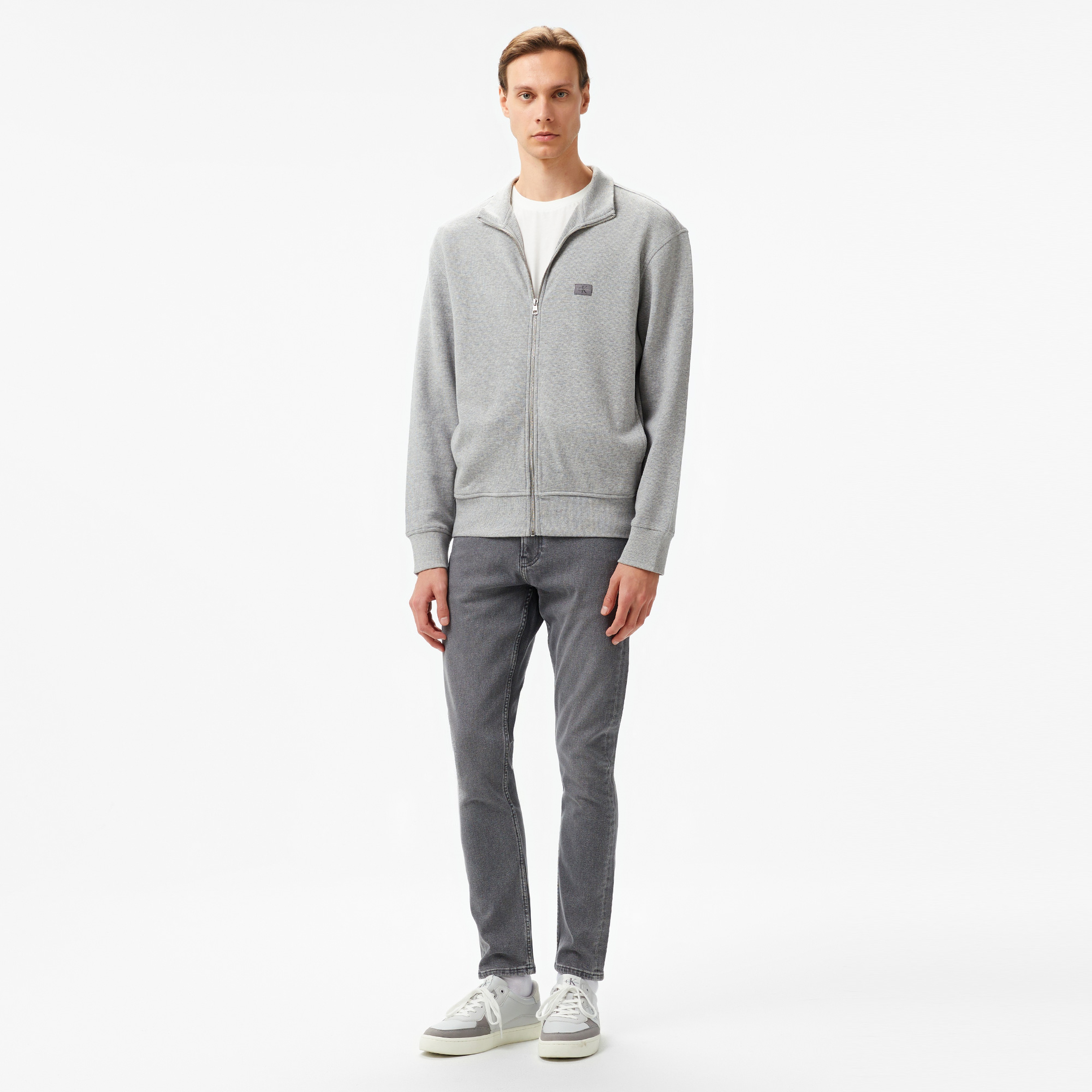 Calvin Klein Jeans Woven Label Waffle Zip Through Erkek Gri Sweatshirt