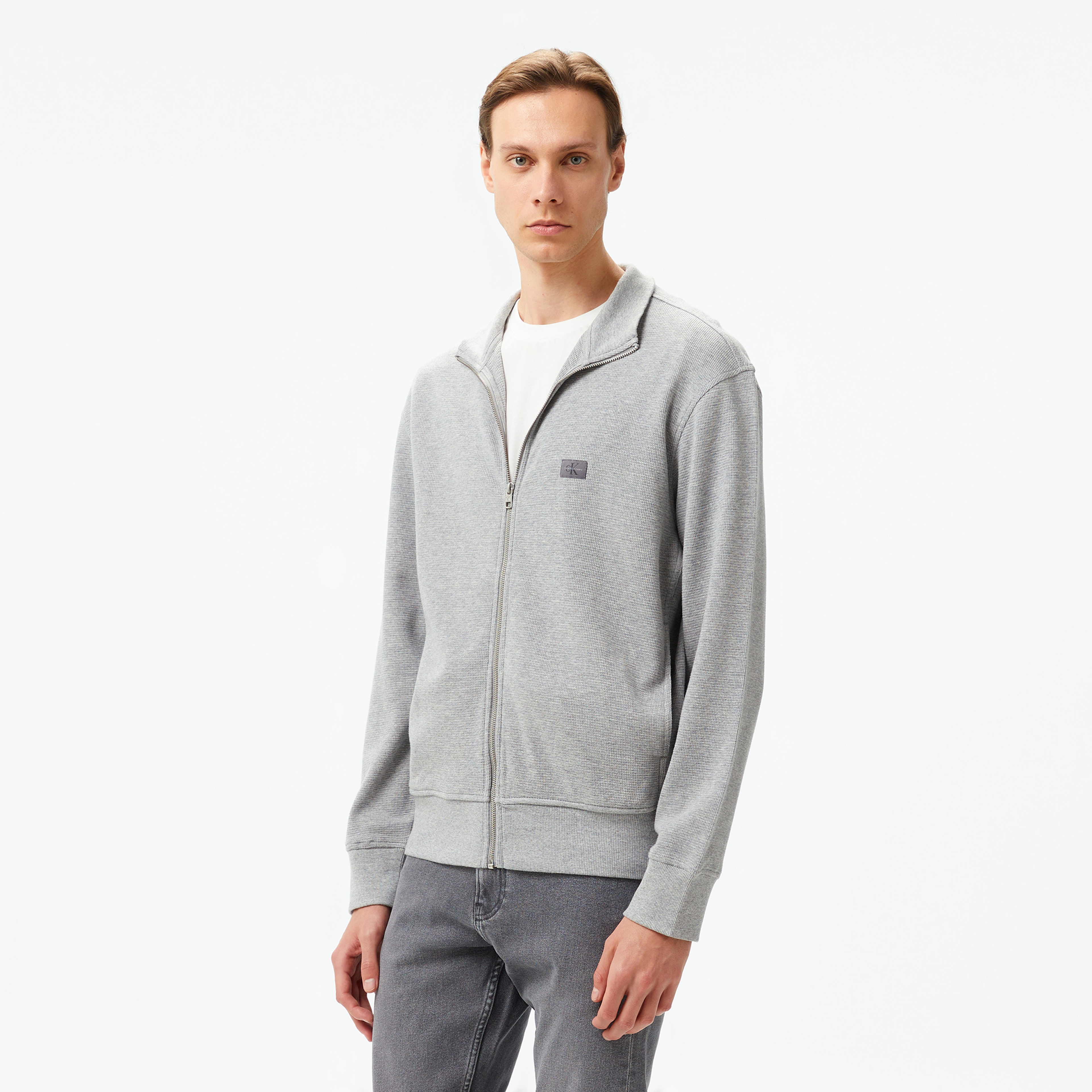 Calvin Klein Jeans Woven Label Waffle Zip Through Erkek Gri Sweatshirt