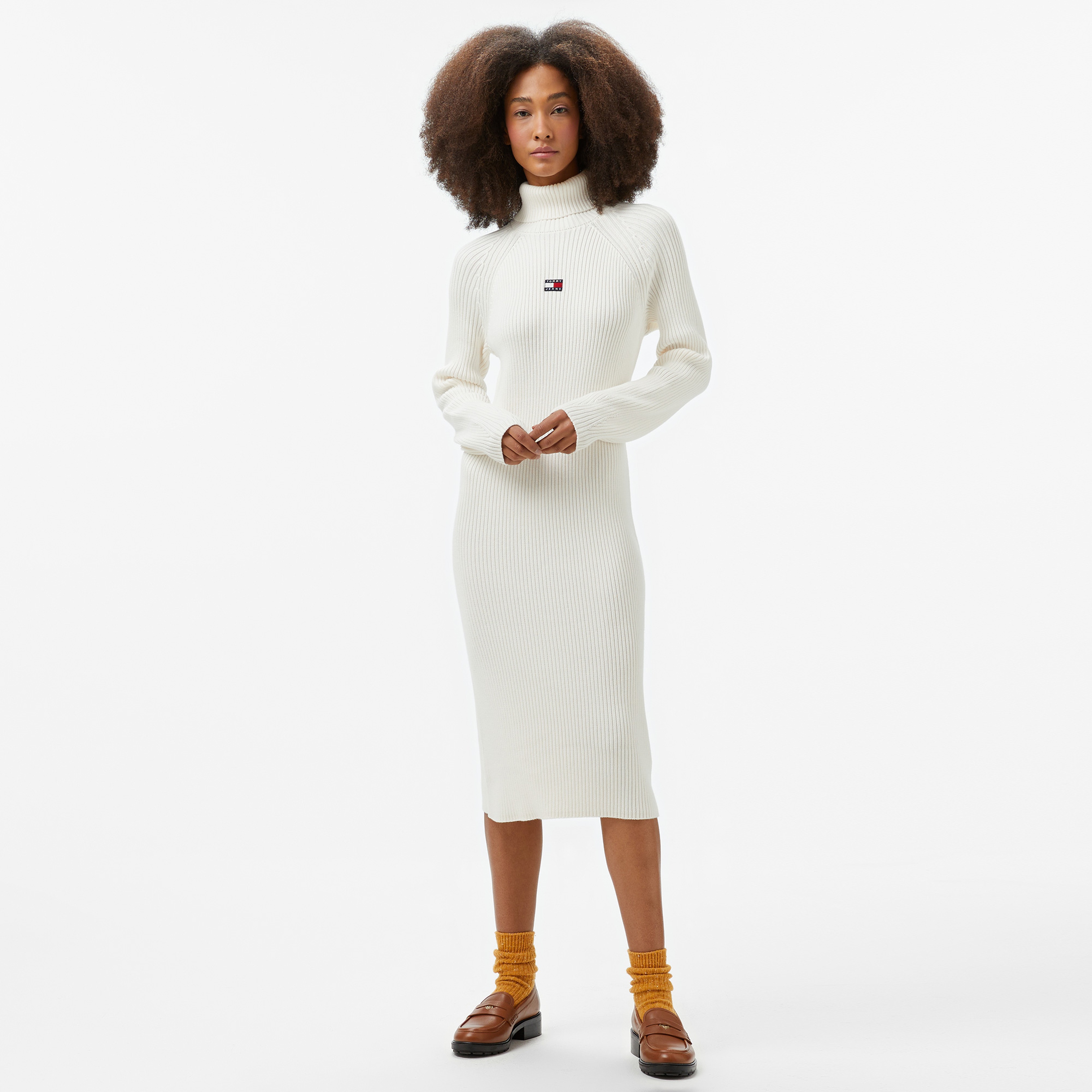 Tommy Hilfiger Jeans Mockneck Badge Kadın Beyaz Elbise