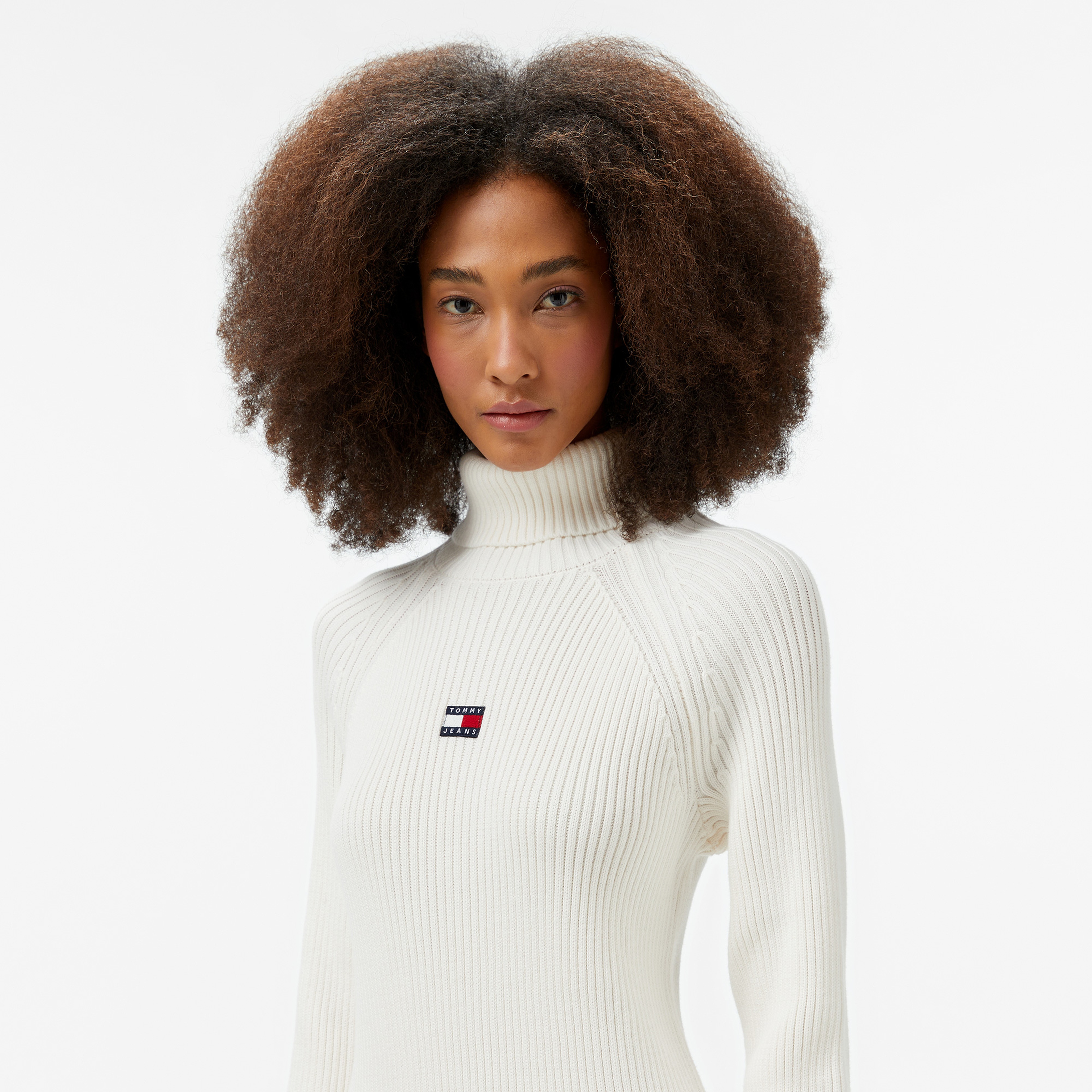 Tommy Hilfiger Jeans Mockneck Badge Kadın Beyaz Elbise