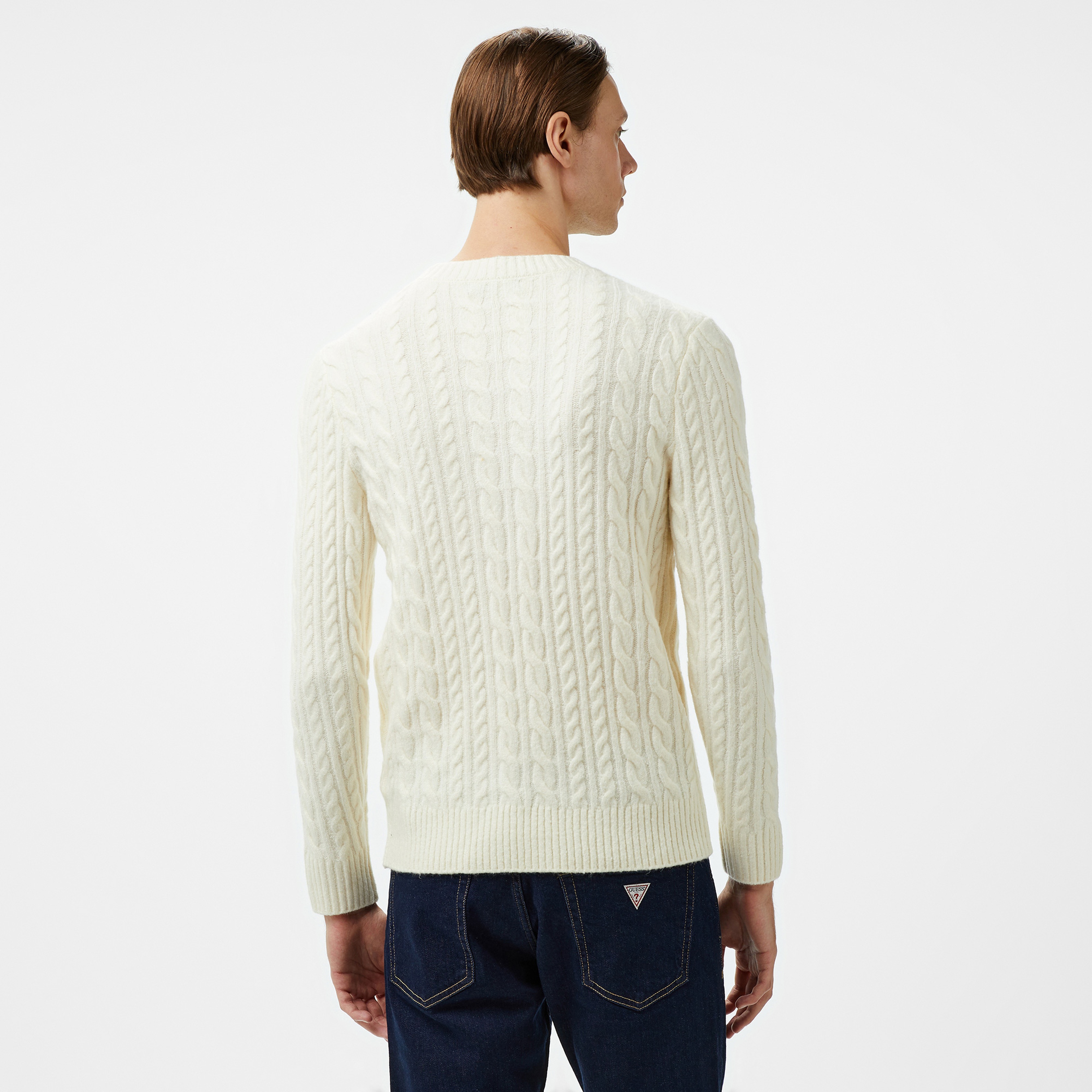 Guess Cable Acr Wool Blended Yarn Erkek Beyaz Triko