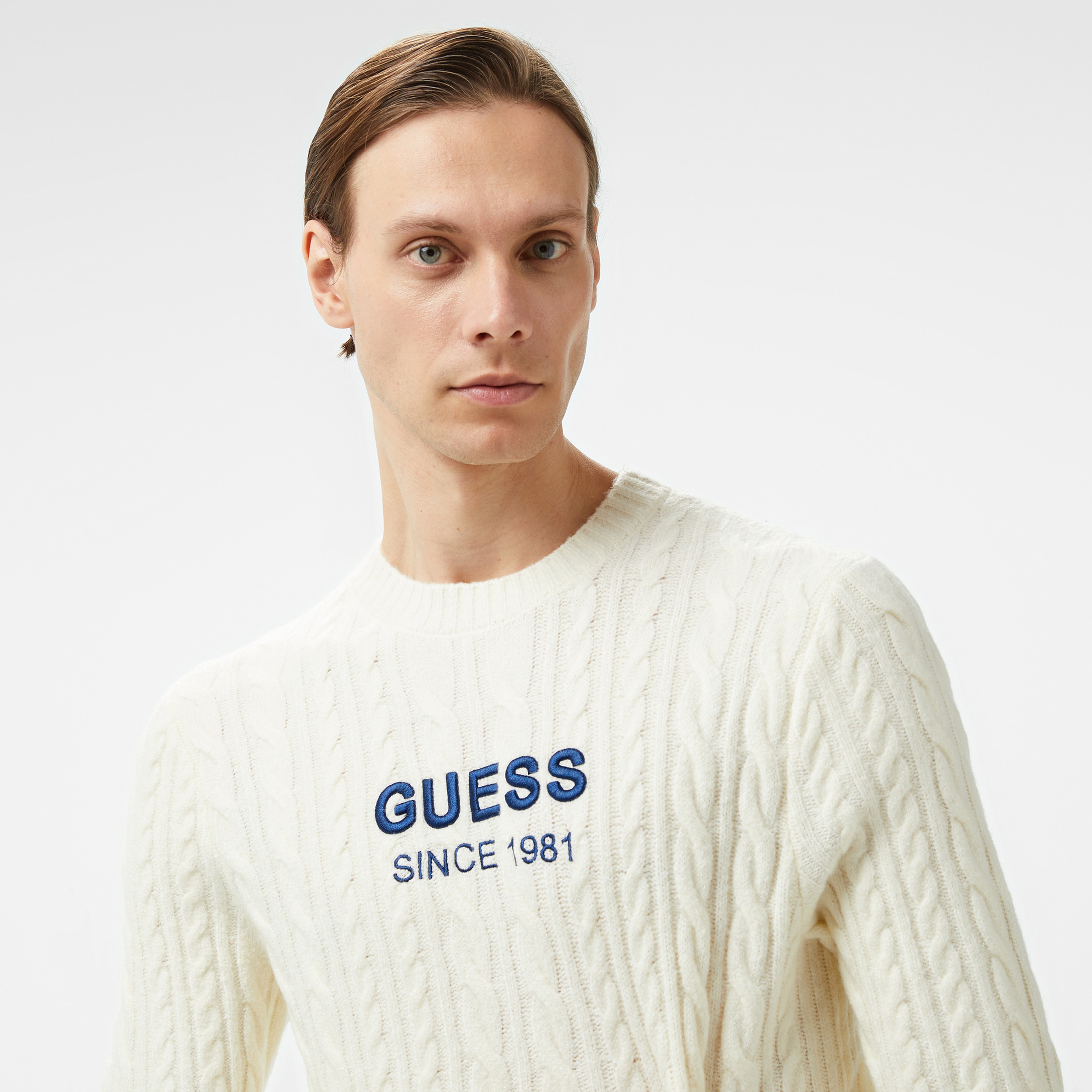 Guess Cable Acr Wool Blended Yarn Erkek Beyaz Triko
