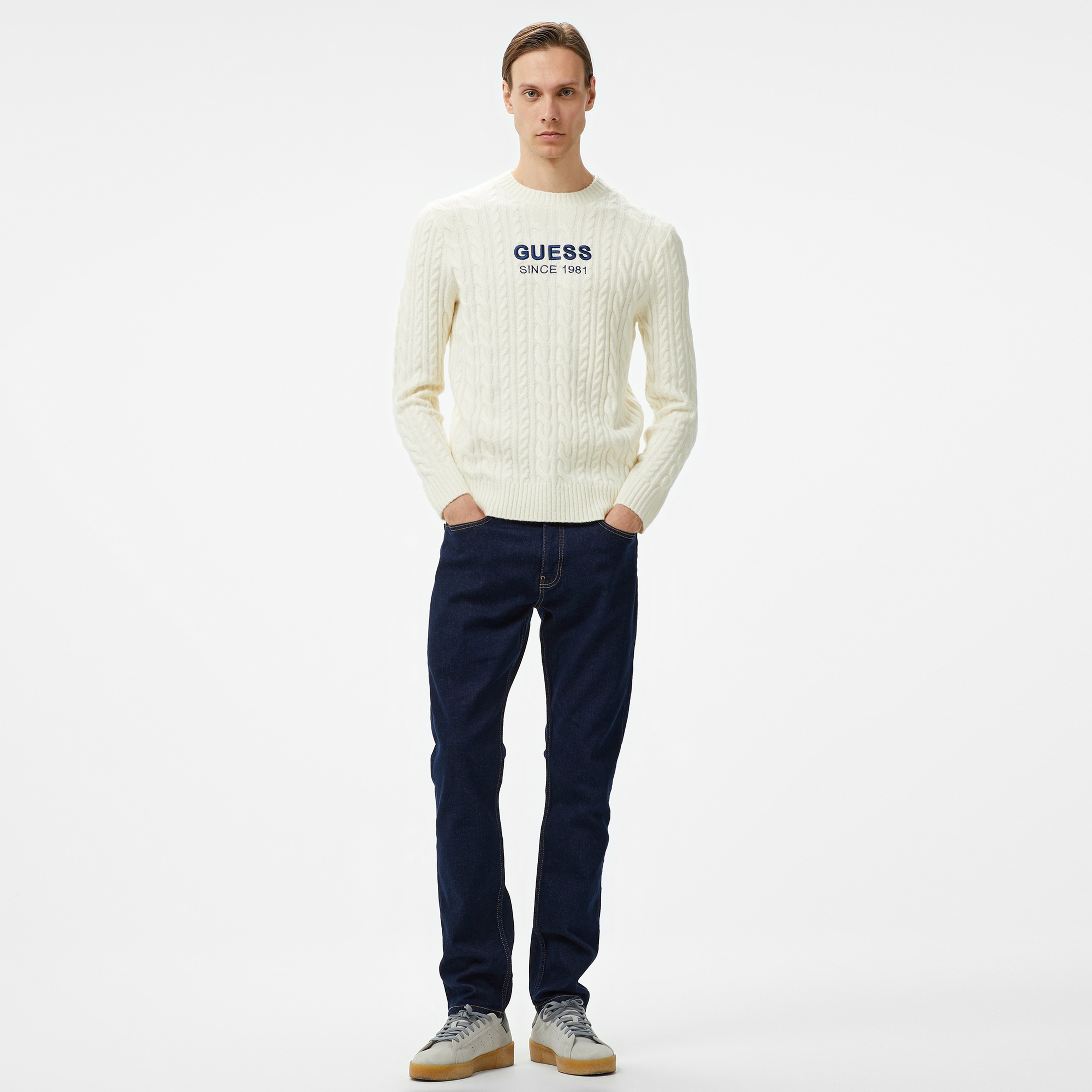 Guess Cable Acr Wool Blended Yarn Erkek Beyaz Triko