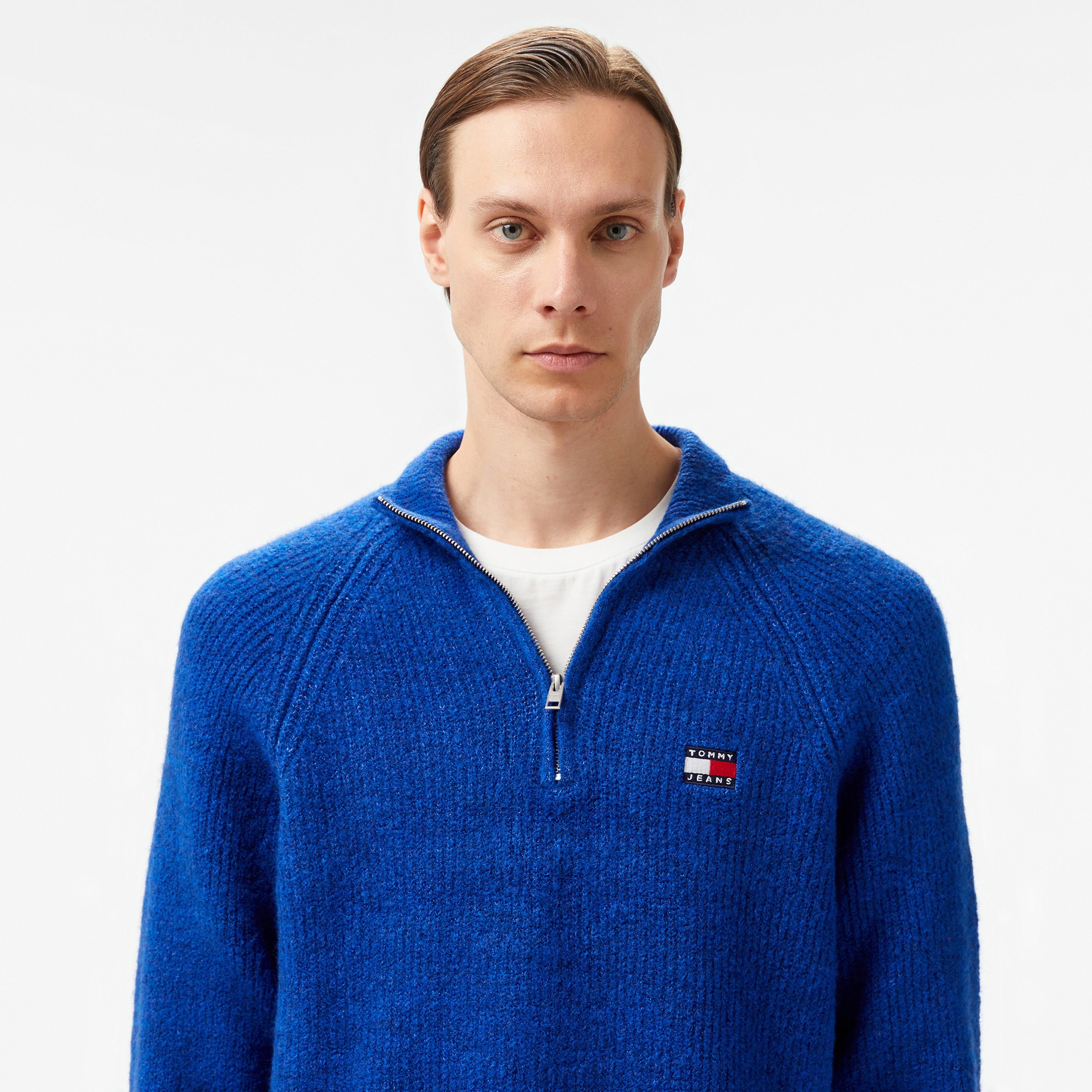 Tommy Hilfiger Jeans 1/4 Zip Raglan Badge Erkek Mavi Kazak