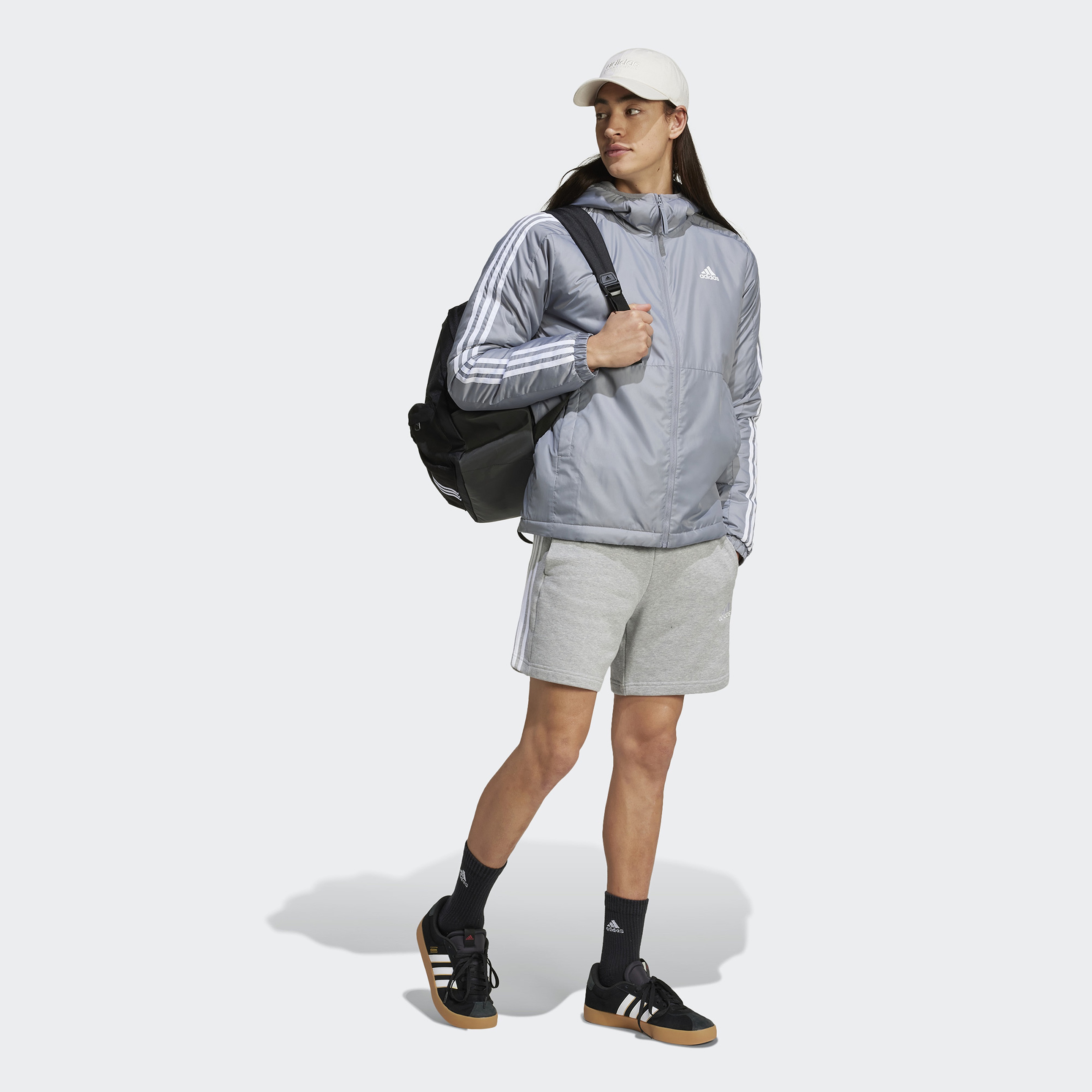 adidas Sportswear Essentials 3 Striped Insulated Kadın Gri Mont