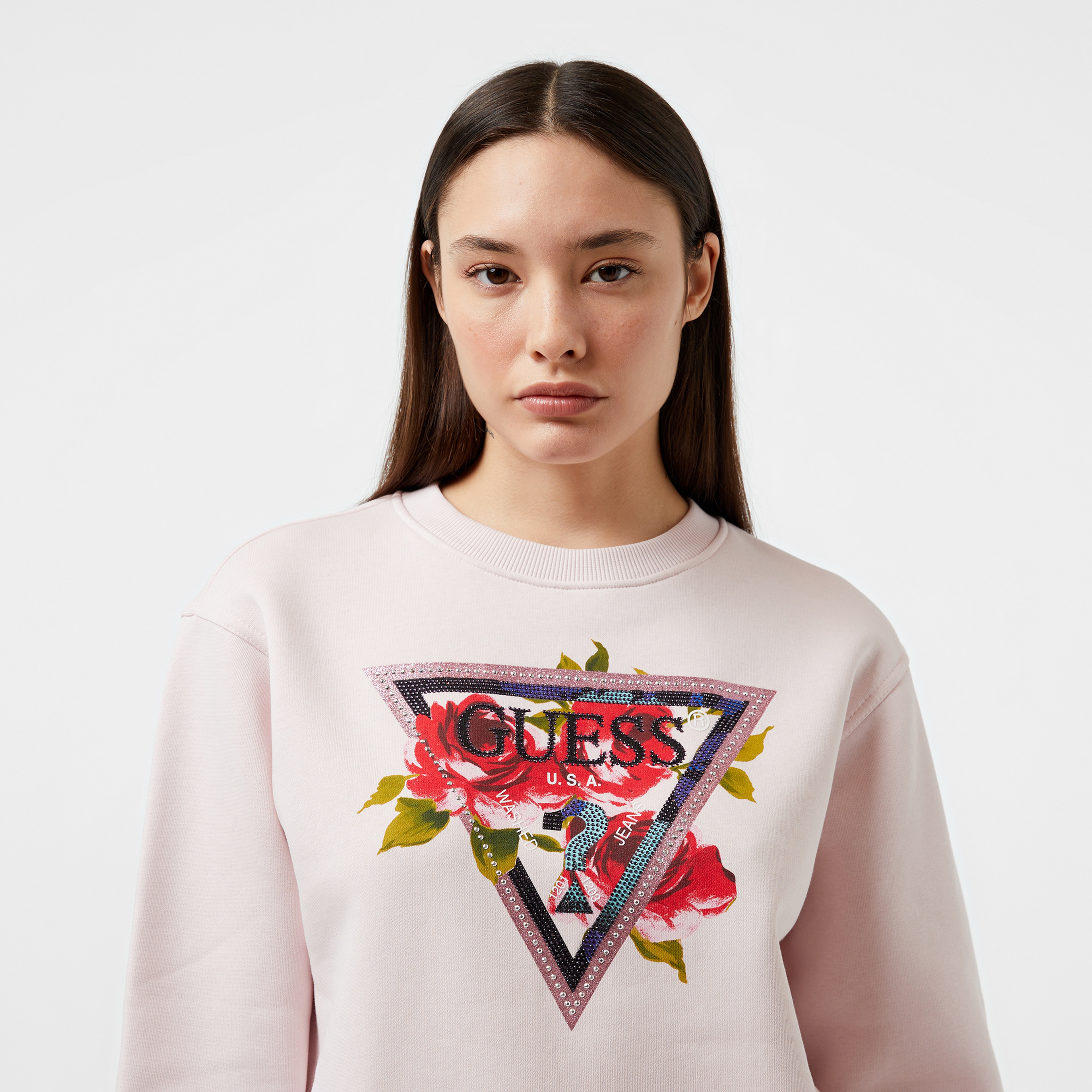 Guess Triangle Eco Sleek Cotton Fleece Kadın Pembe Sweatshirt