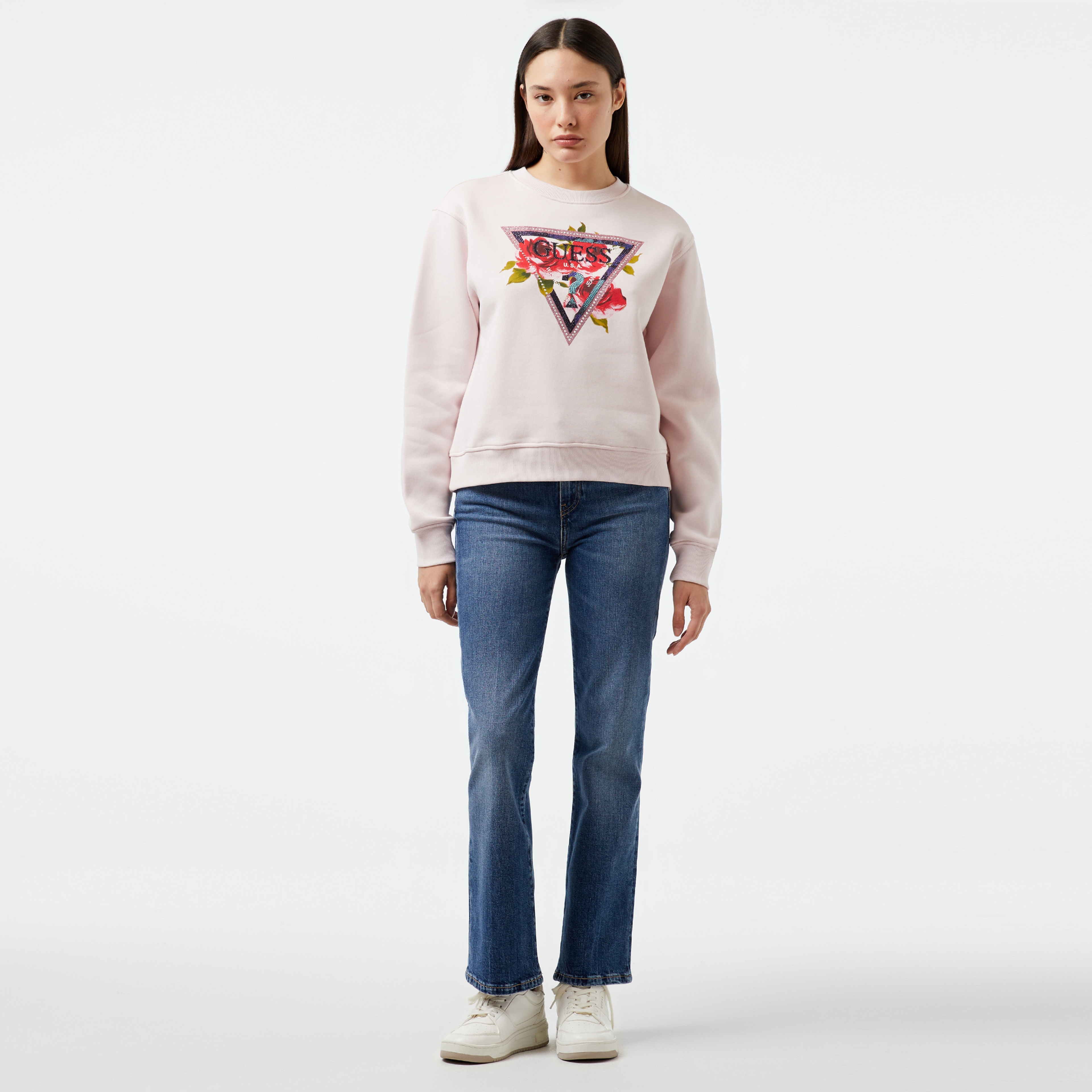 Guess Triangle Eco Sleek Cotton Fleece Kadın Pembe Sweatshirt
