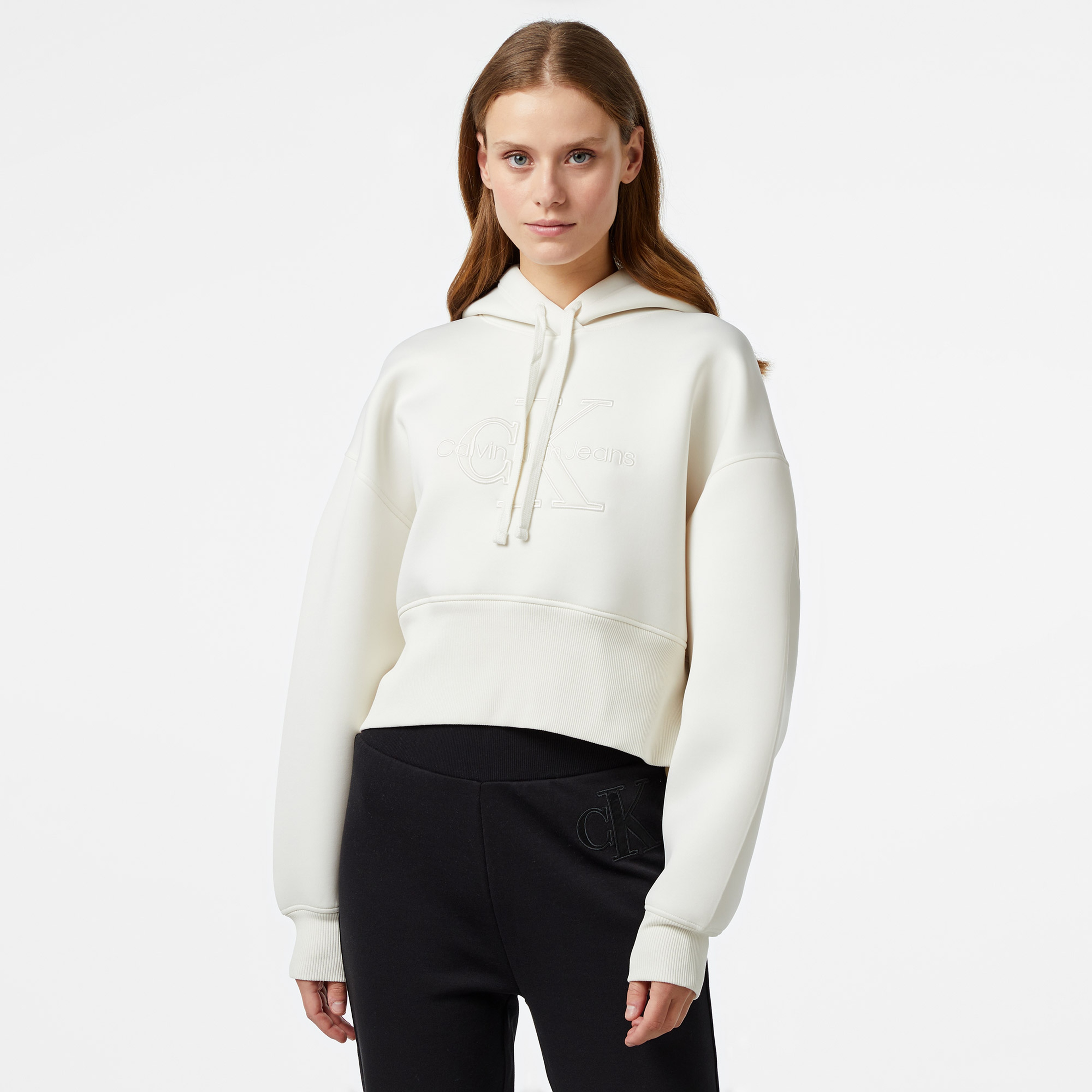 Calvin Klein Jeans Scuba Premium Monologo Kadın Beyaz Hoodie