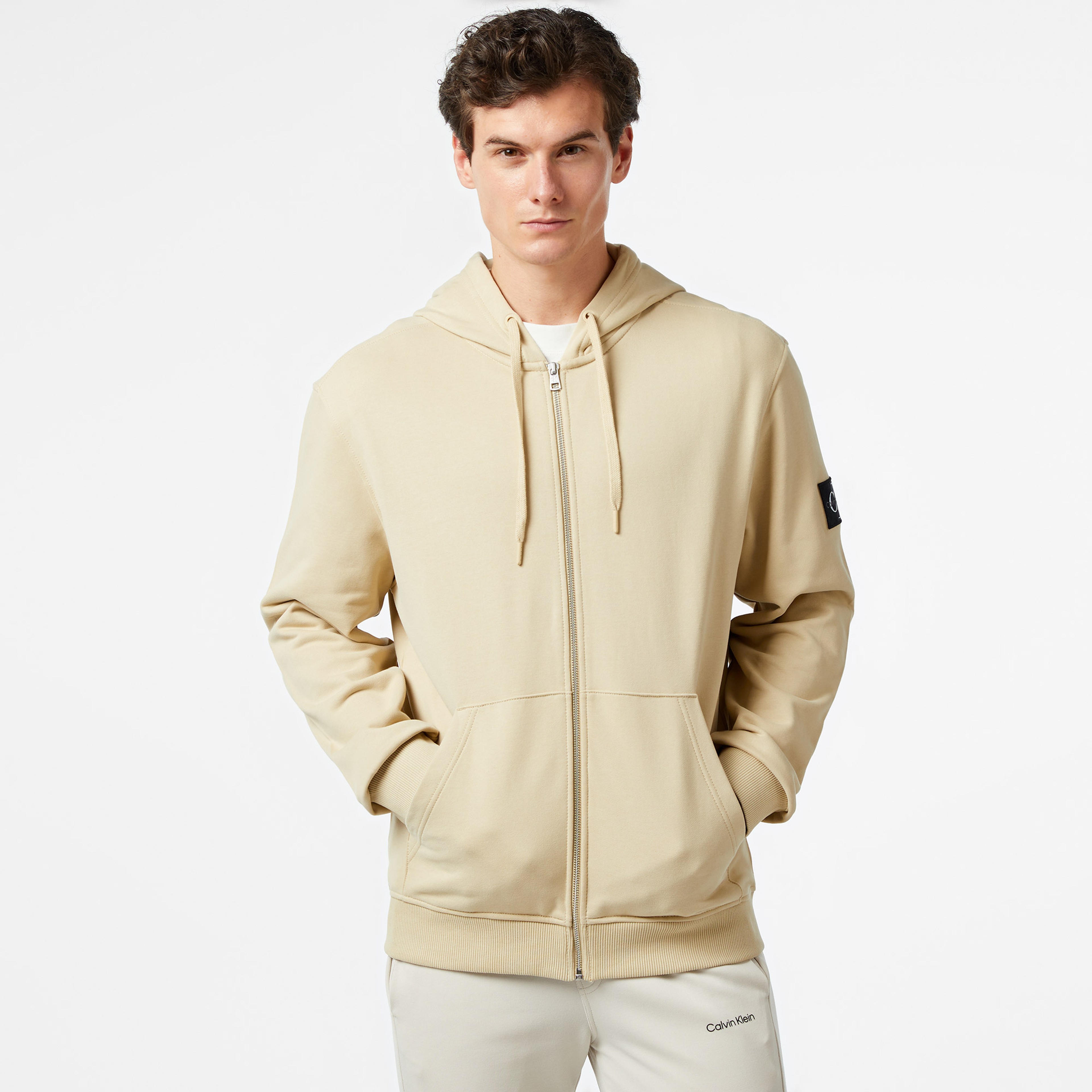 Calvin Klein Jeans Badge Zip Through Erkek Bej HoodieSJ30J325627