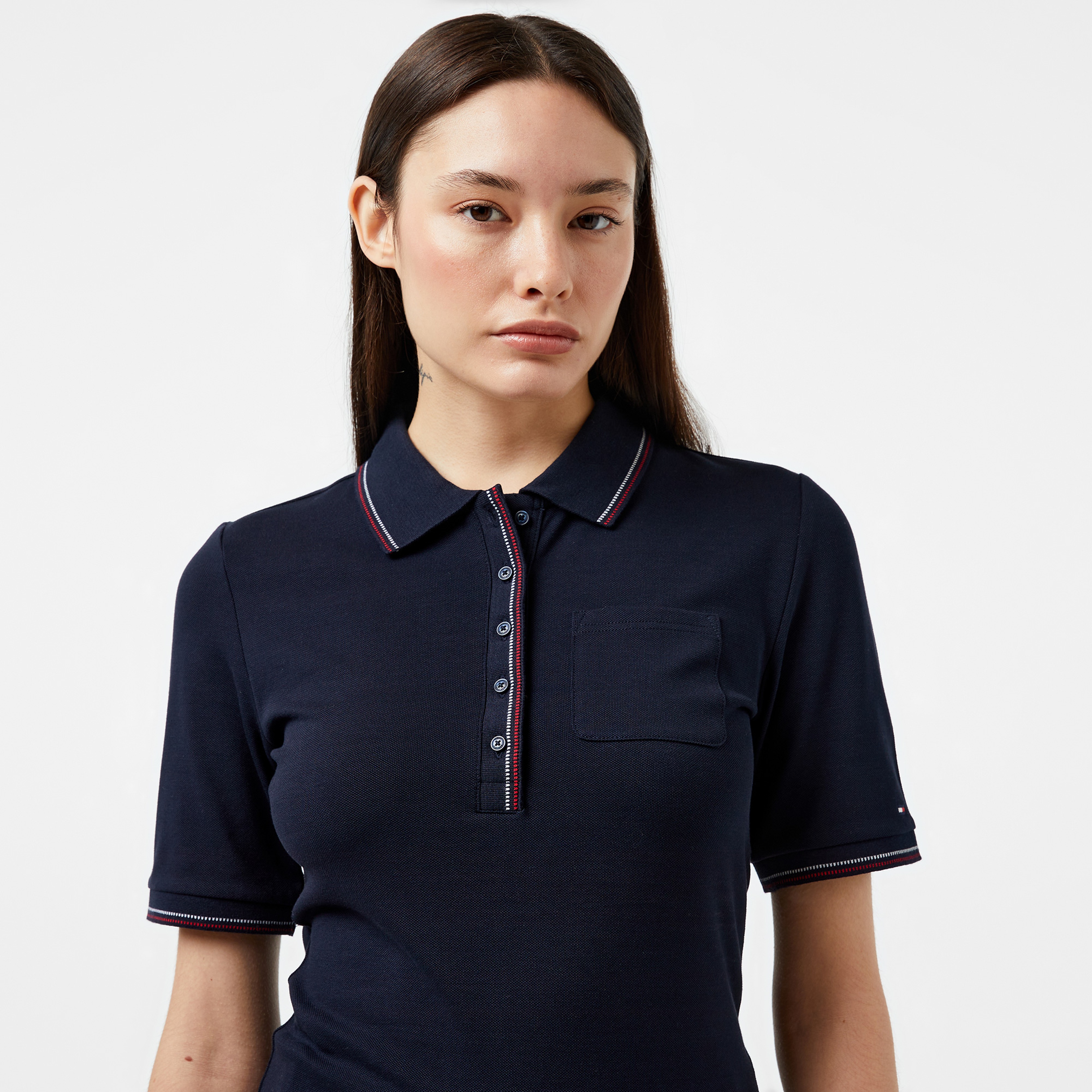 Tommy Hilfiger Slim Tipping Kadın Mavi Polo