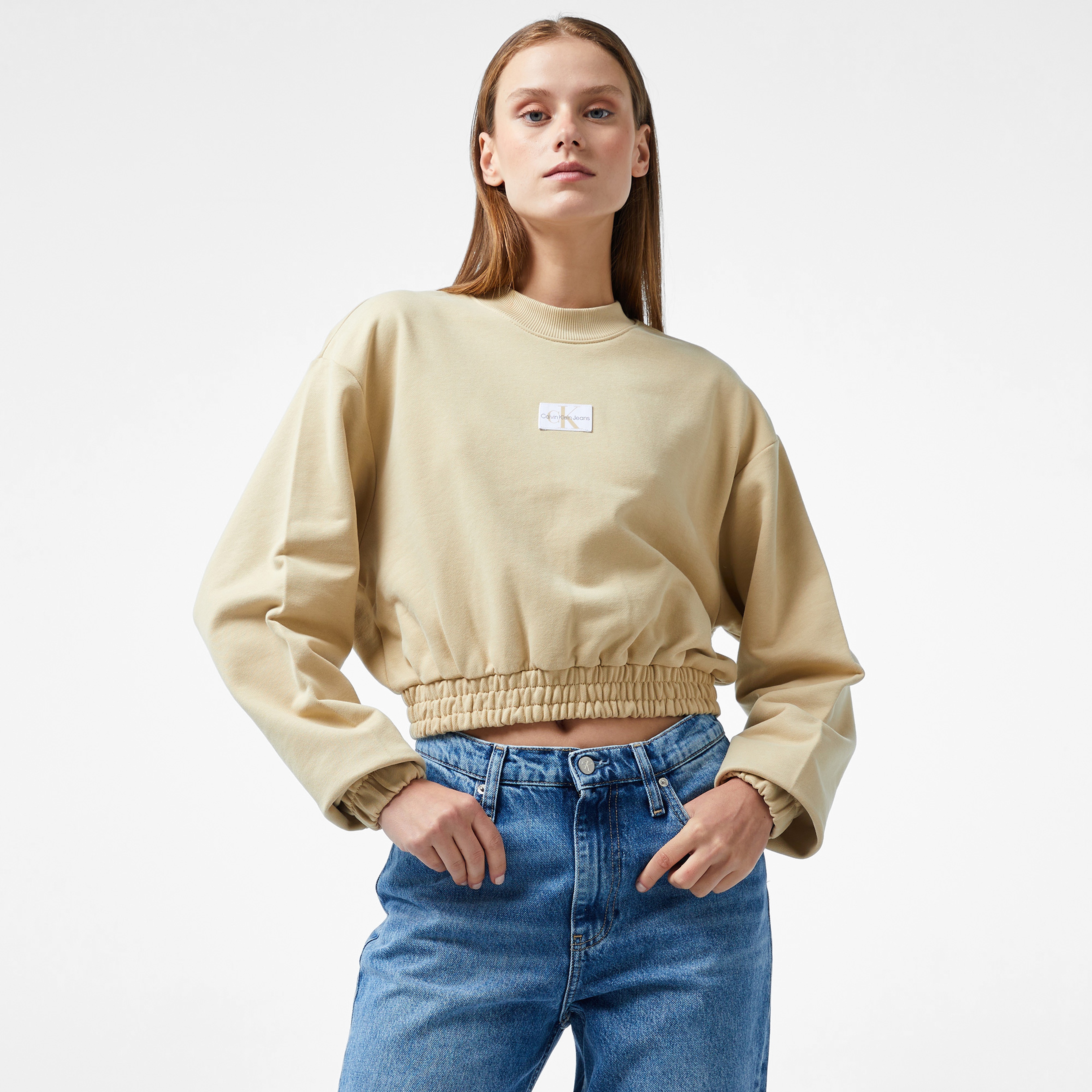 Calvin Klein Jeans Woven Label Crew Neck Kadın Haki Sweatshirt