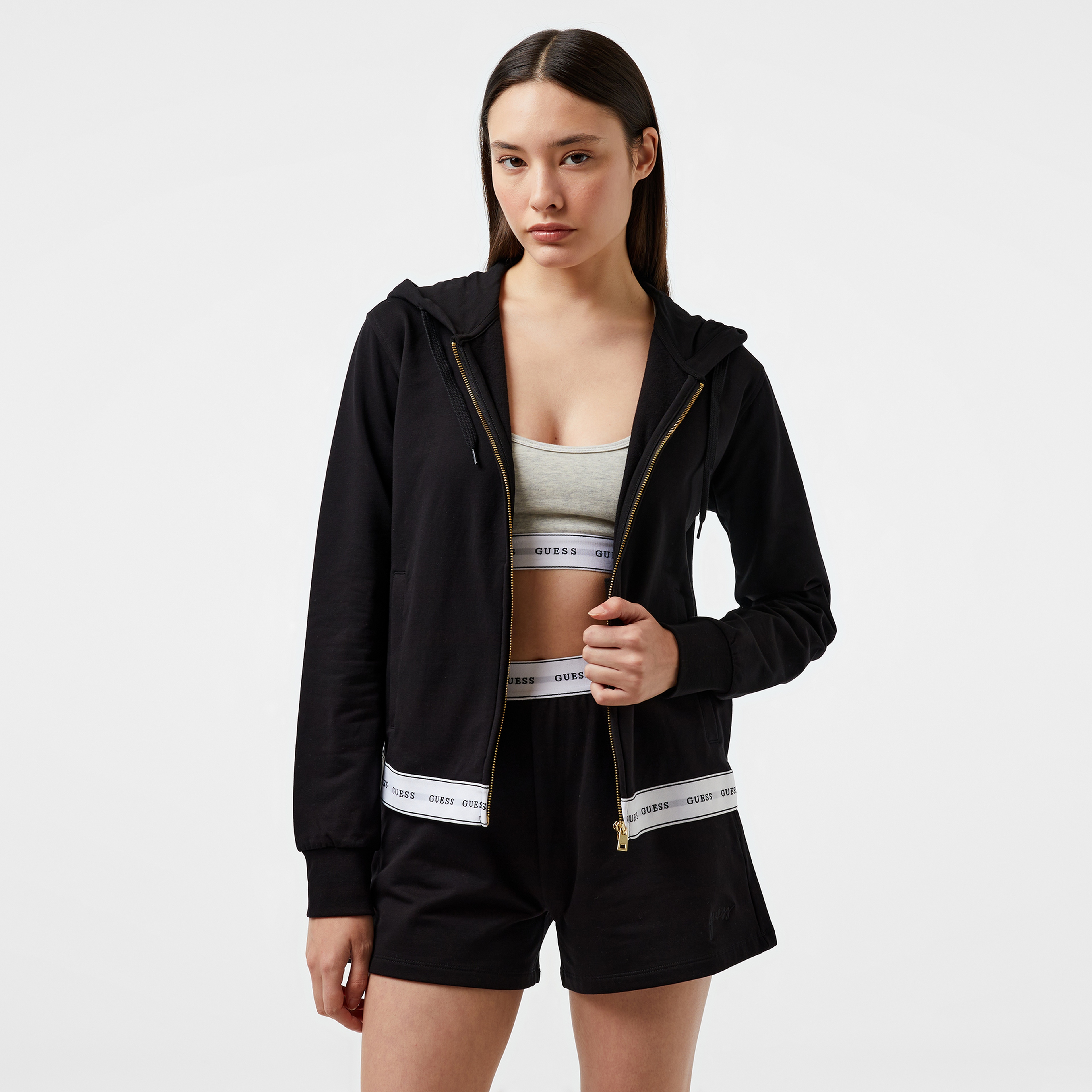 Guess Carrie Zip Org. Co Cozy Fleece 250 Kadın Siyah Pijama Üstü