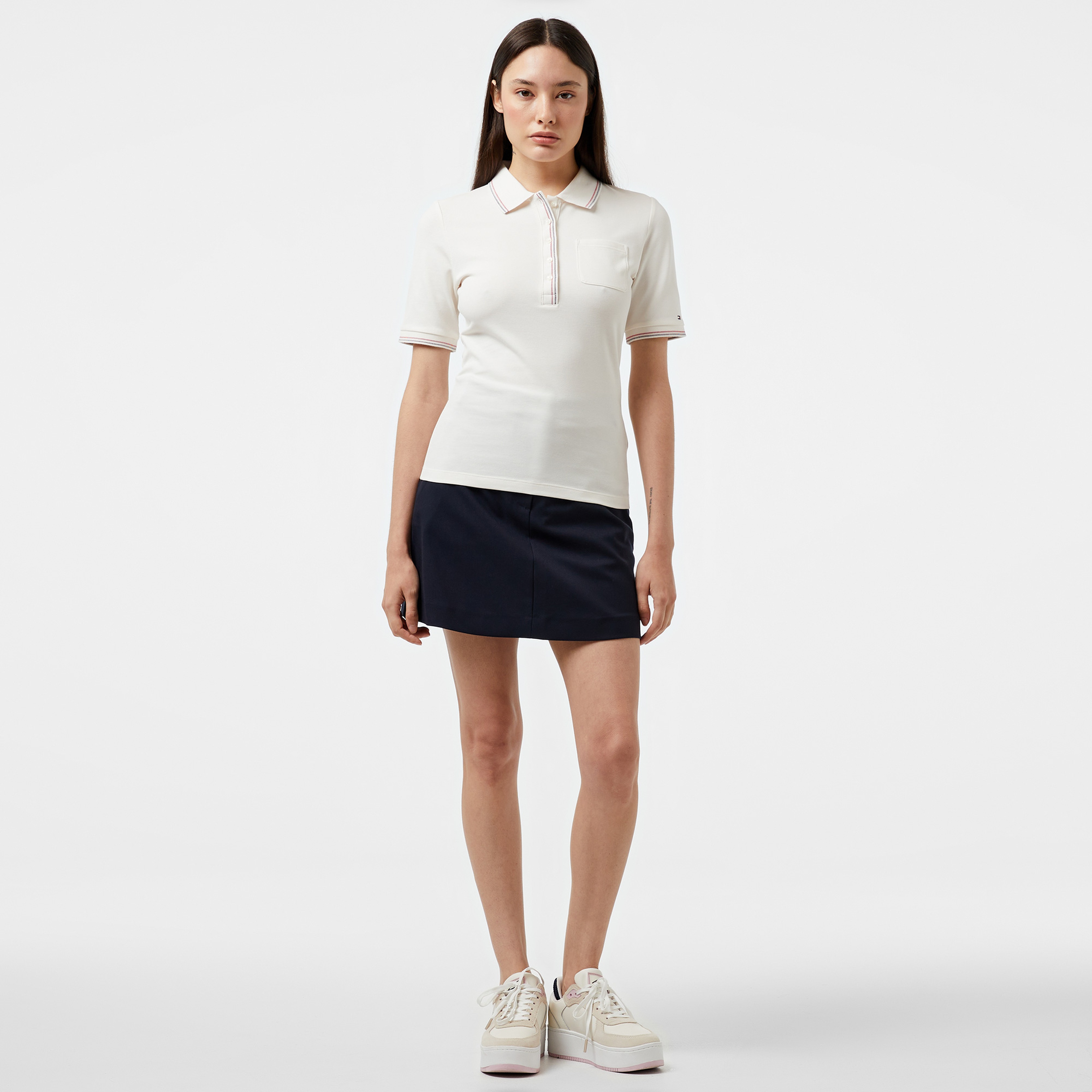 Tommy Hilfiger Slim Tipping Kadın Beyaz Polo