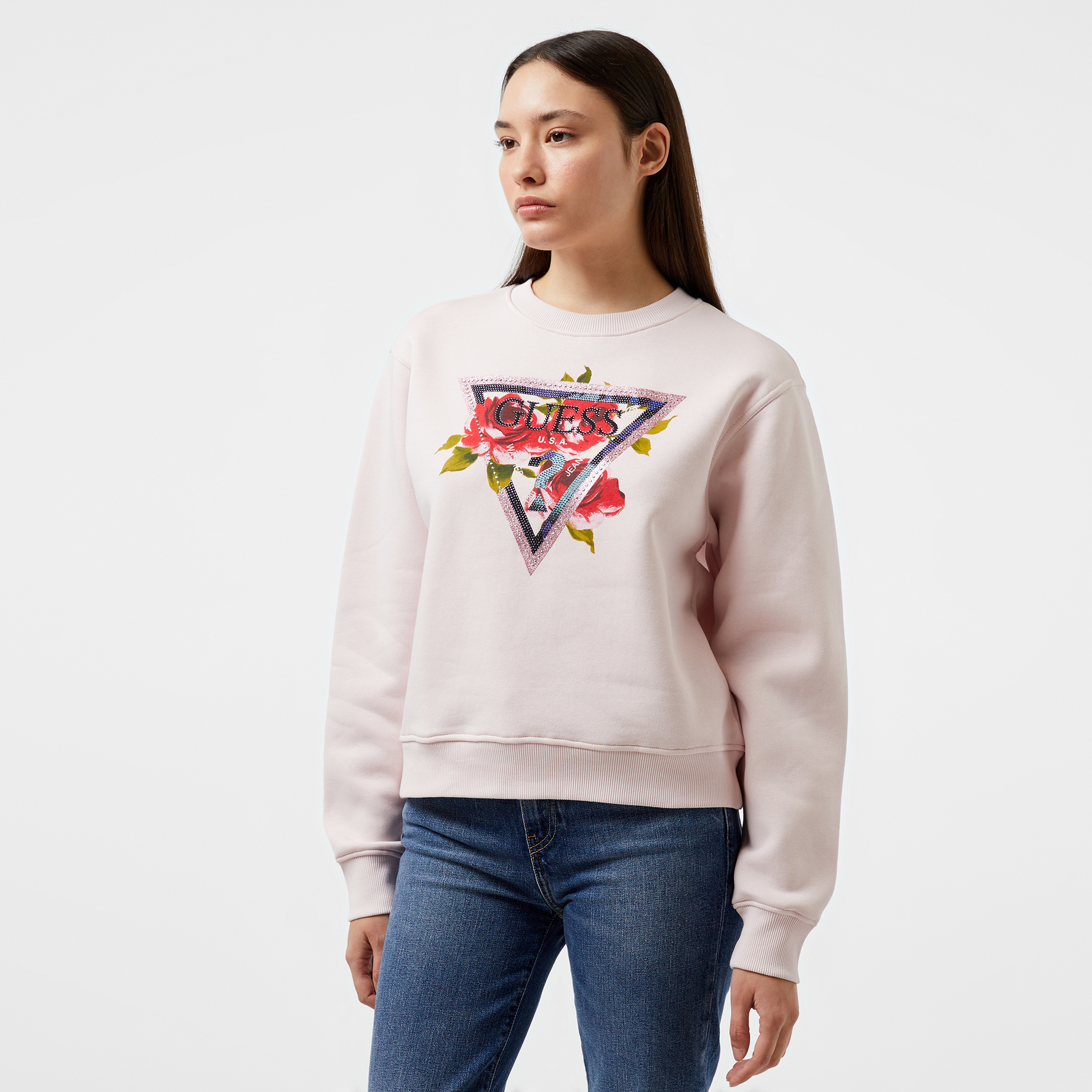 Guess Triangle Eco Sleek Cotton Fleece Kadın Pembe Sweatshirt