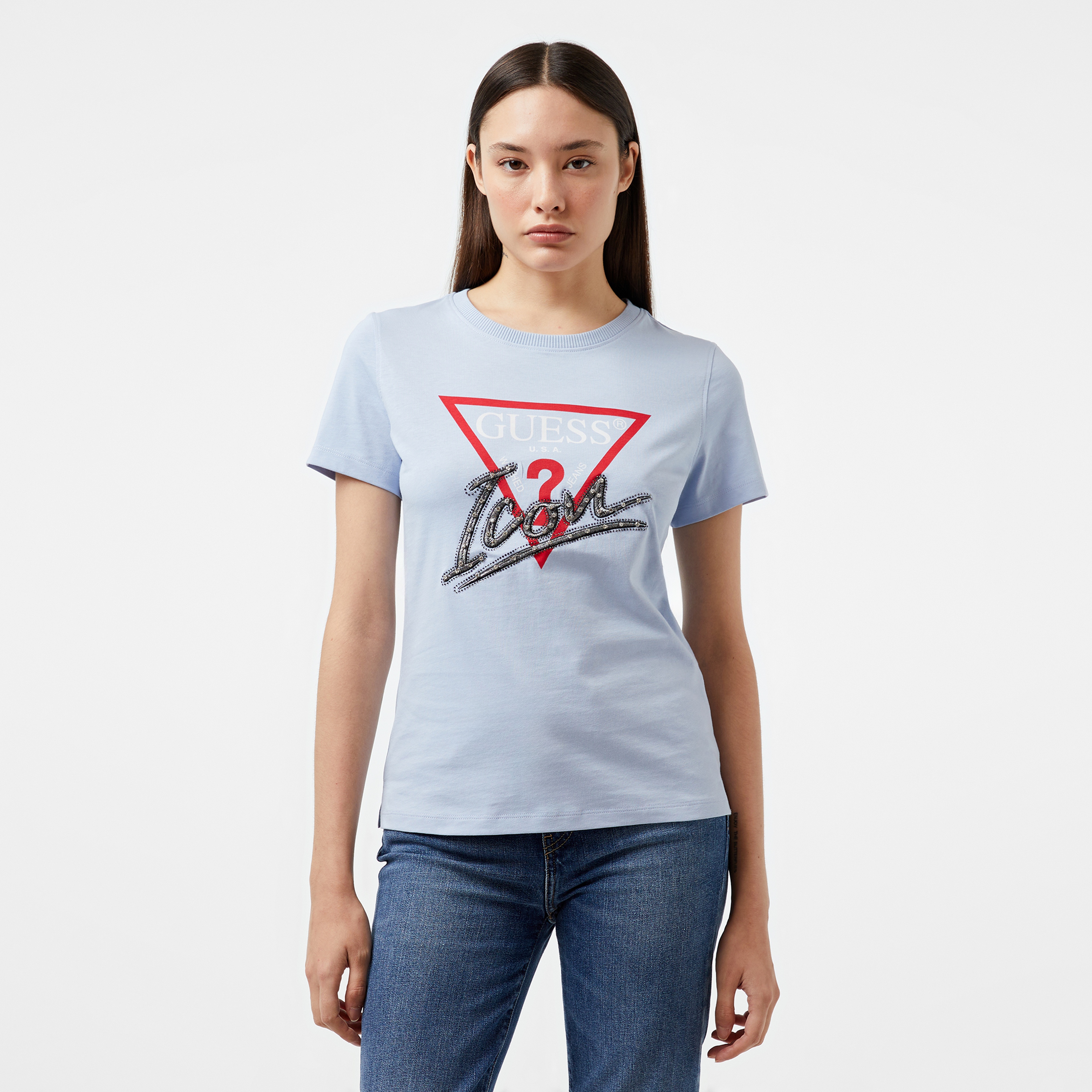 Guess Icon Mid Organic Stream Jersey 180 Kadın Mavi T-Shirt