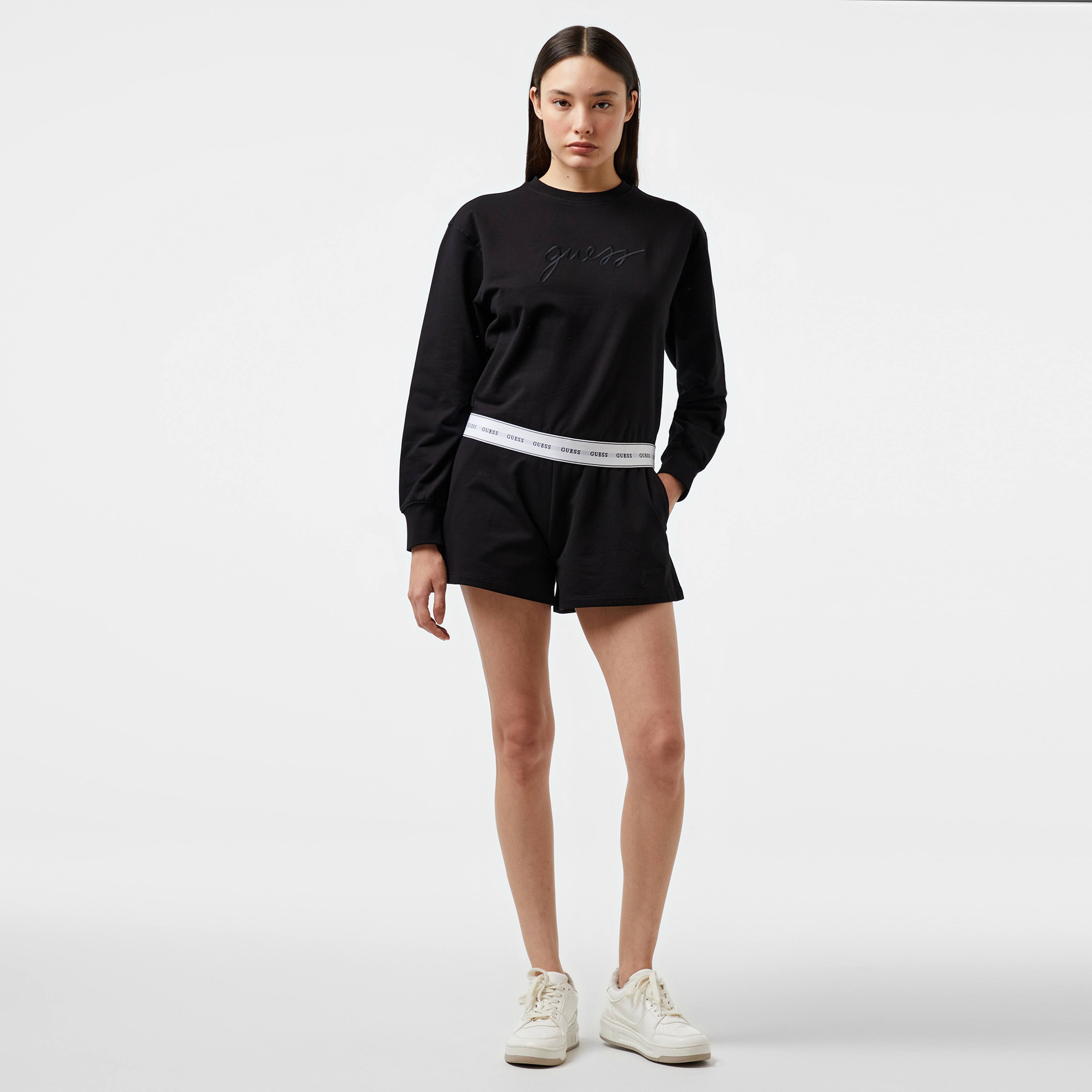 Guess Carrie Round Neck Org. Co Cozy Fleece 250 Kadın Siyah Pijama Üstü