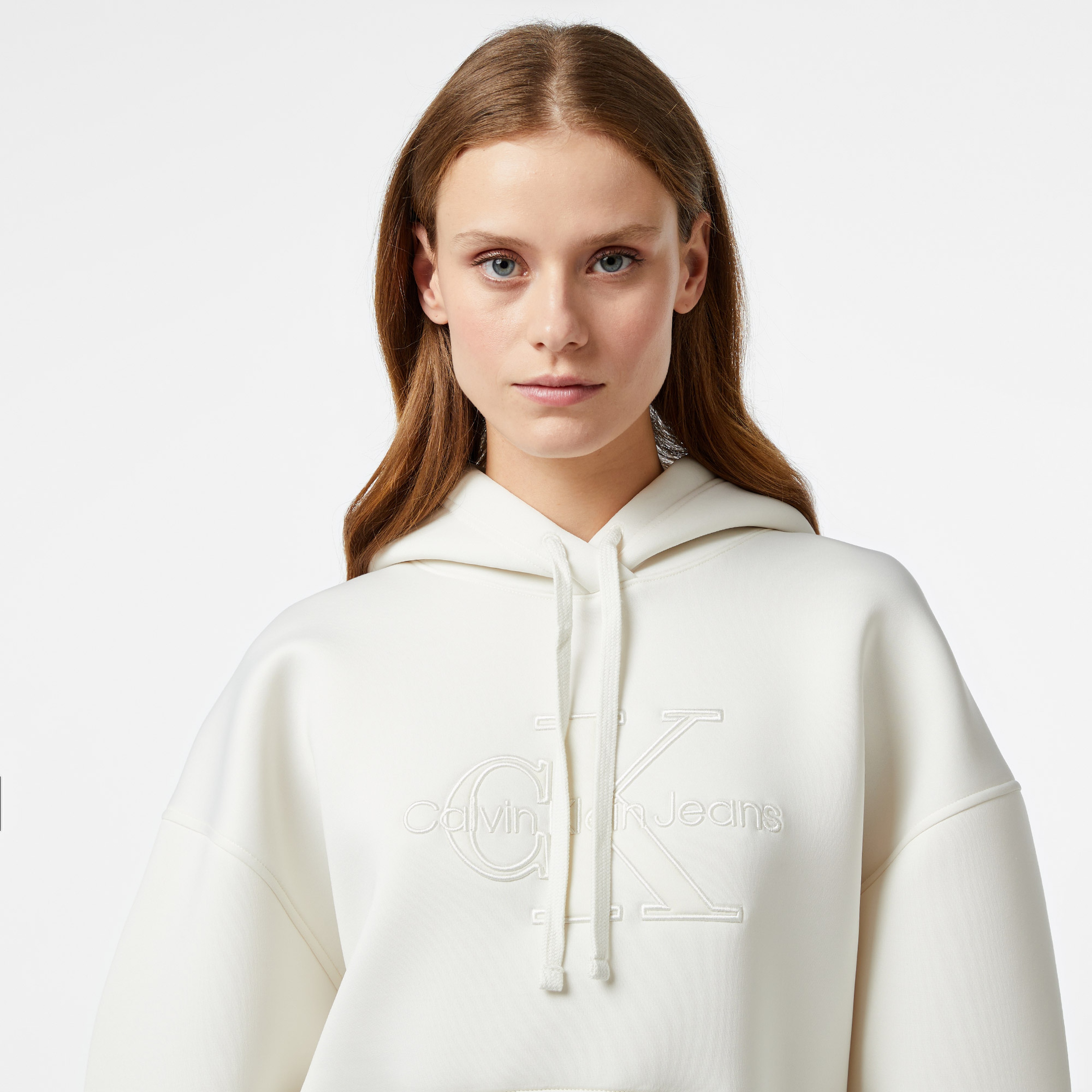 Calvin Klein Jeans Scuba Premium Monologo Kadın Beyaz Hoodie