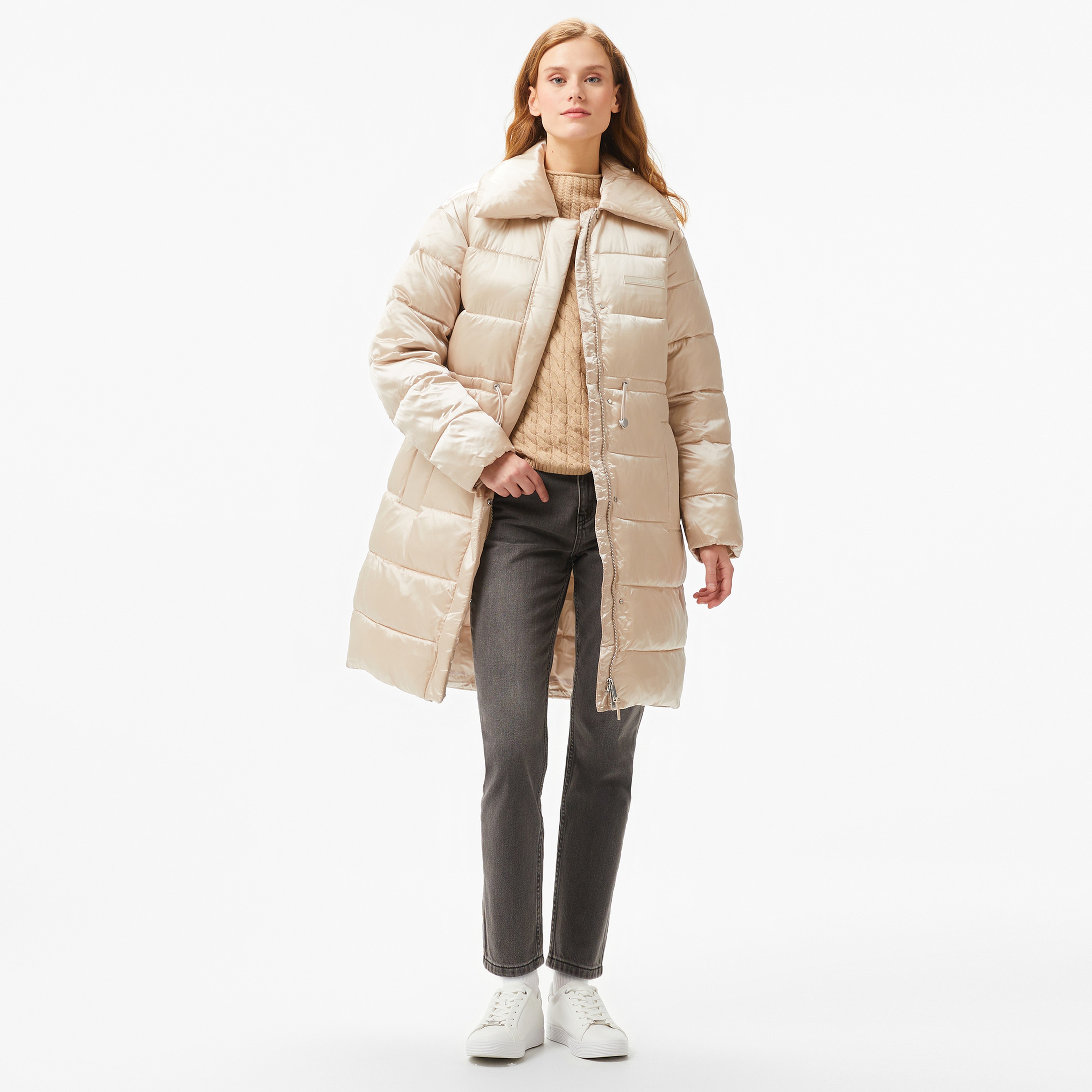 Calvin Klein Padded Satın Drawstring Kadın Bej Mont