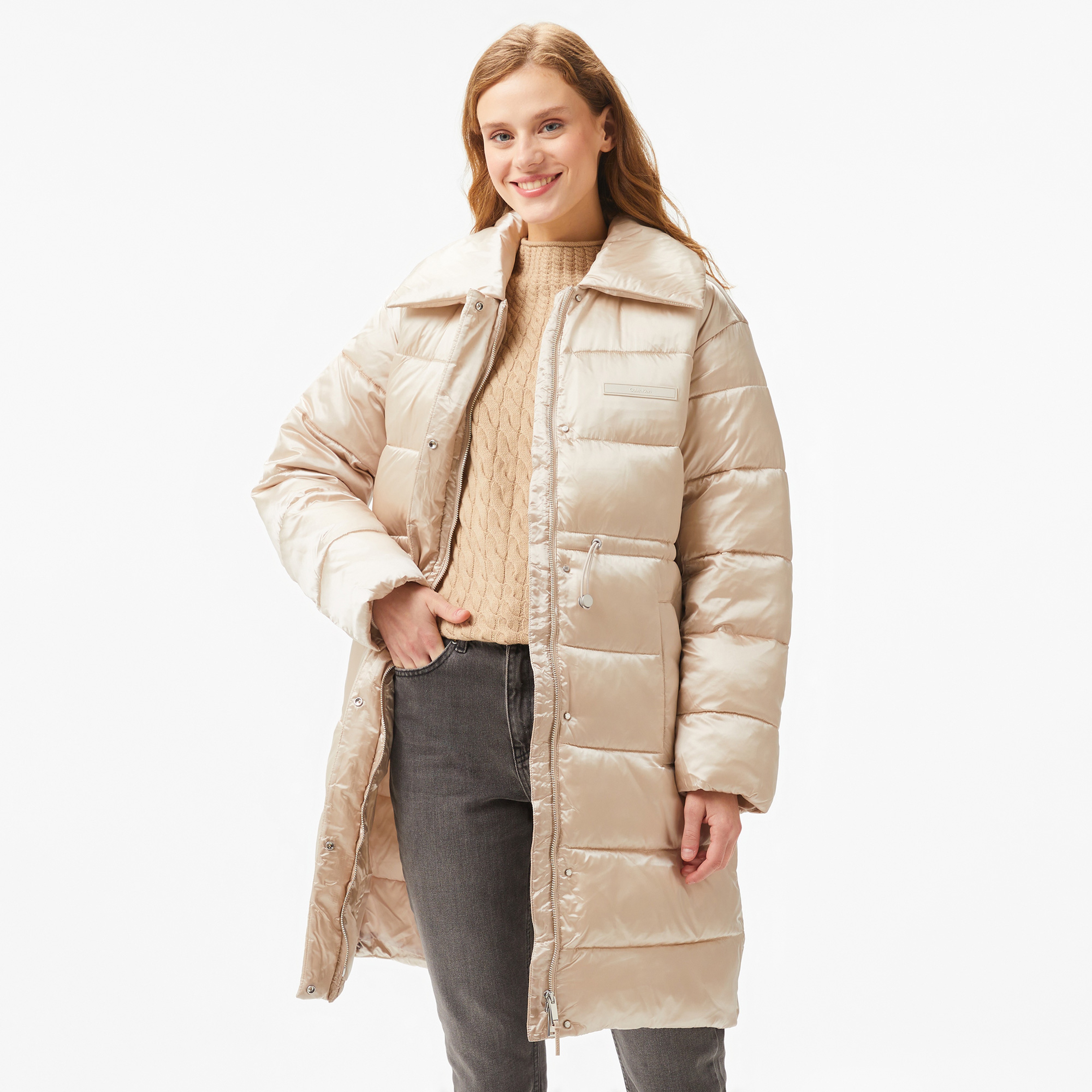 Calvin Klein Padded Satın Drawstring Kadın Bej Mont