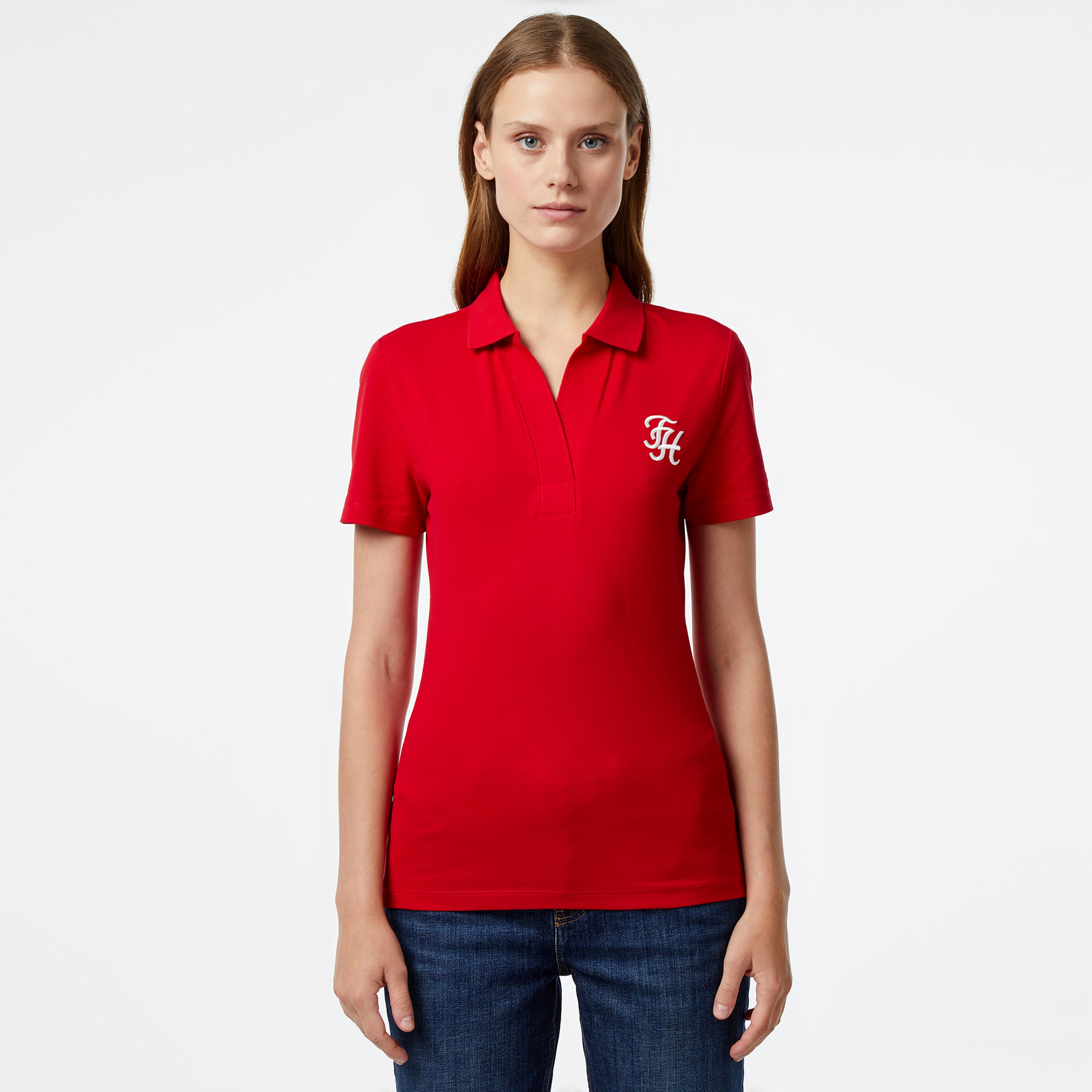 Tommy Hilfiger Slim Script Opn-Nk Kadın Kırmızı Polo