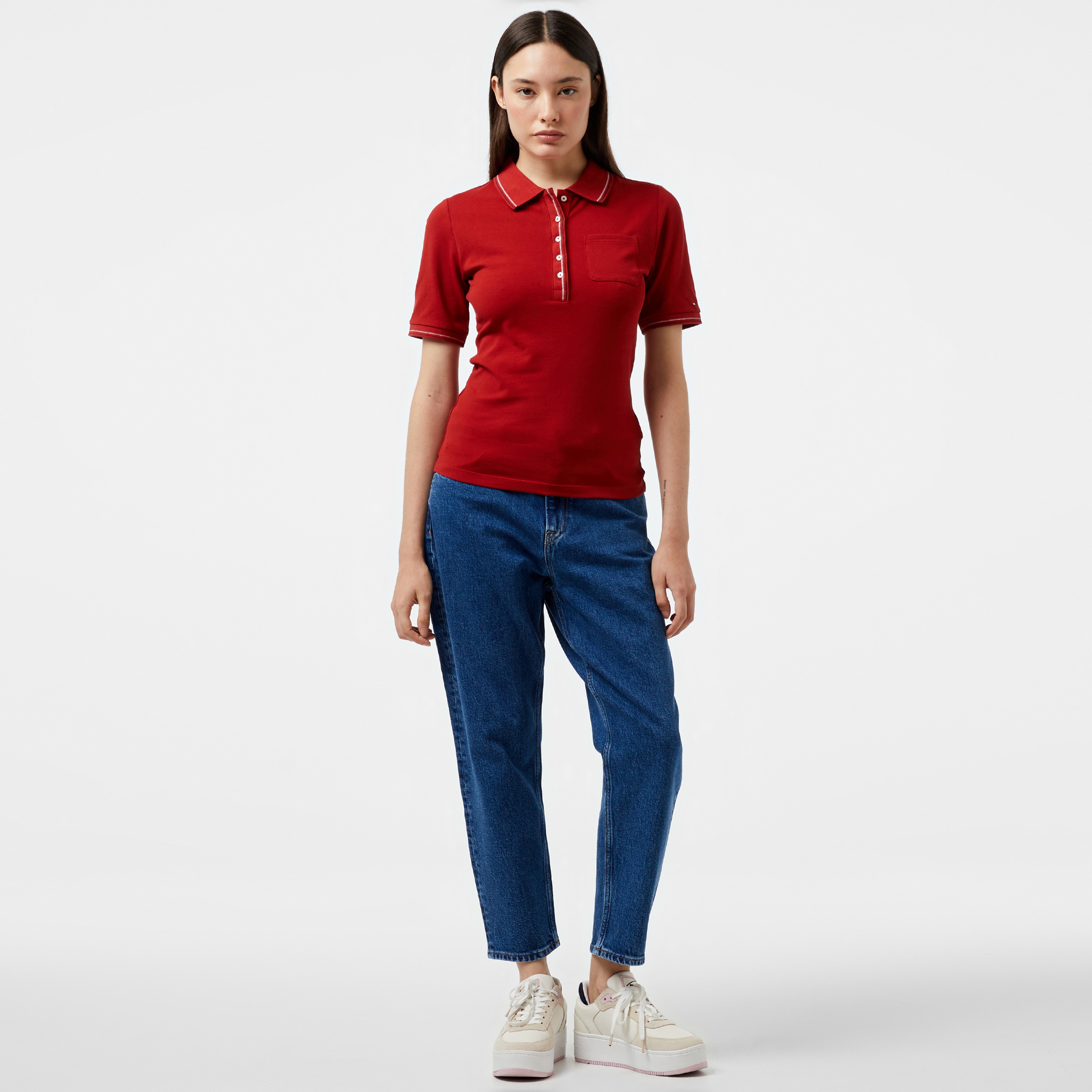Tommy Hilfiger Slim Tipping Kadın Kırmızı Polo