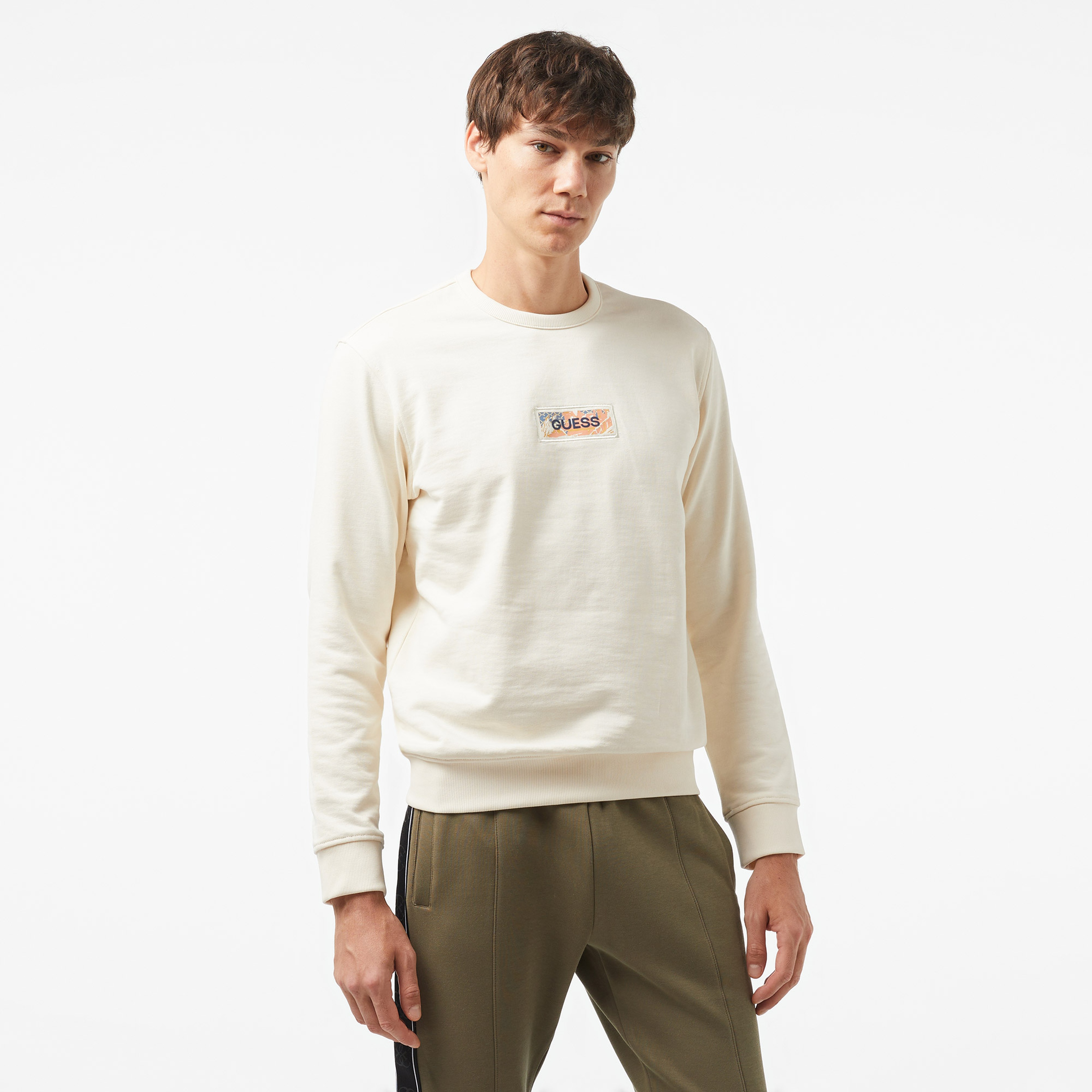 Guess Box Back Slub Terry 365 Erkek Beyaz Sweatshirt