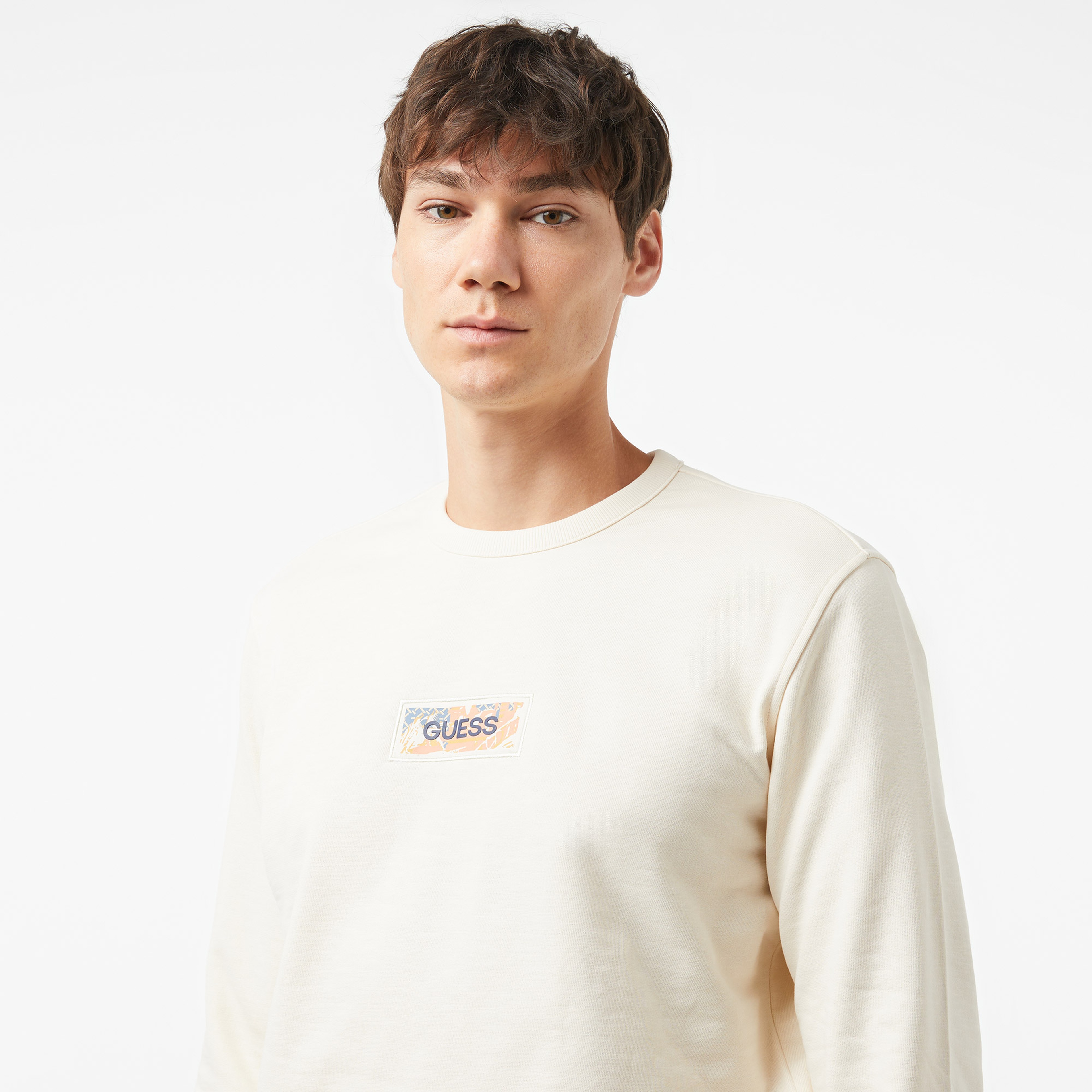 Guess Box Back Slub Terry 365 Erkek Beyaz Sweatshirt