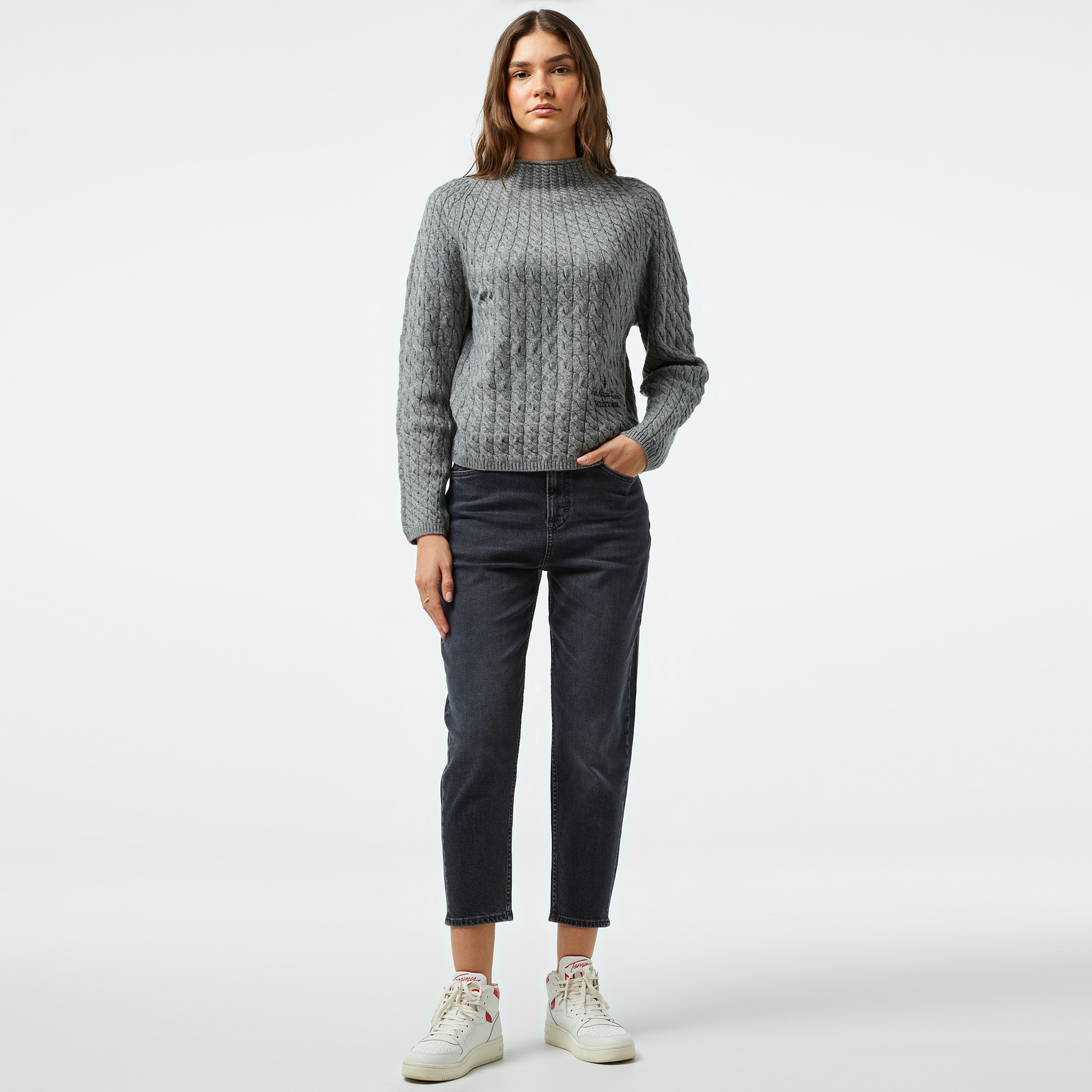 Tommy Hilfiger Wool Blend Cable Kadın Gri Kazak