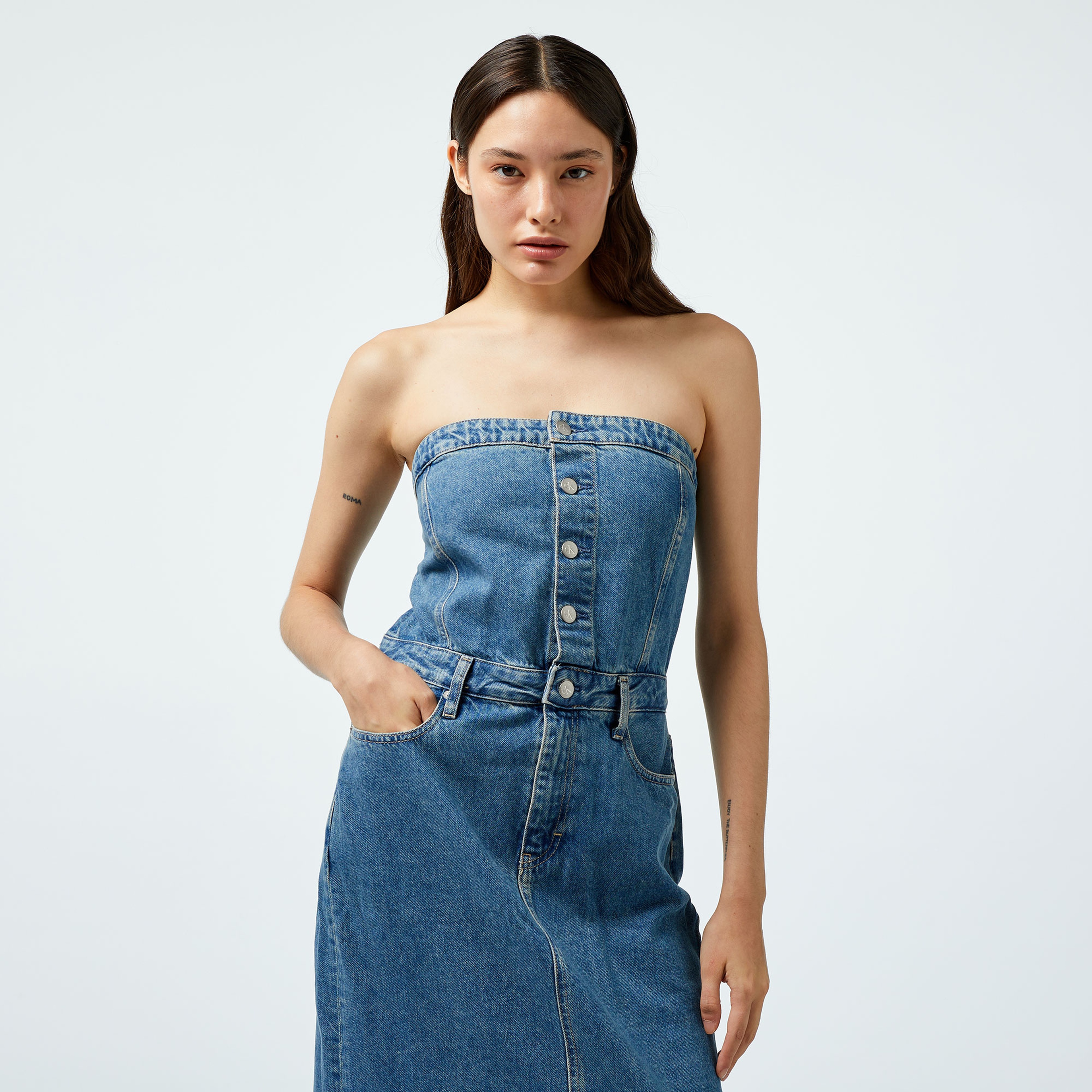 Calvin Klein Jeans Strapless Maxi Kadın Mavi Elbise