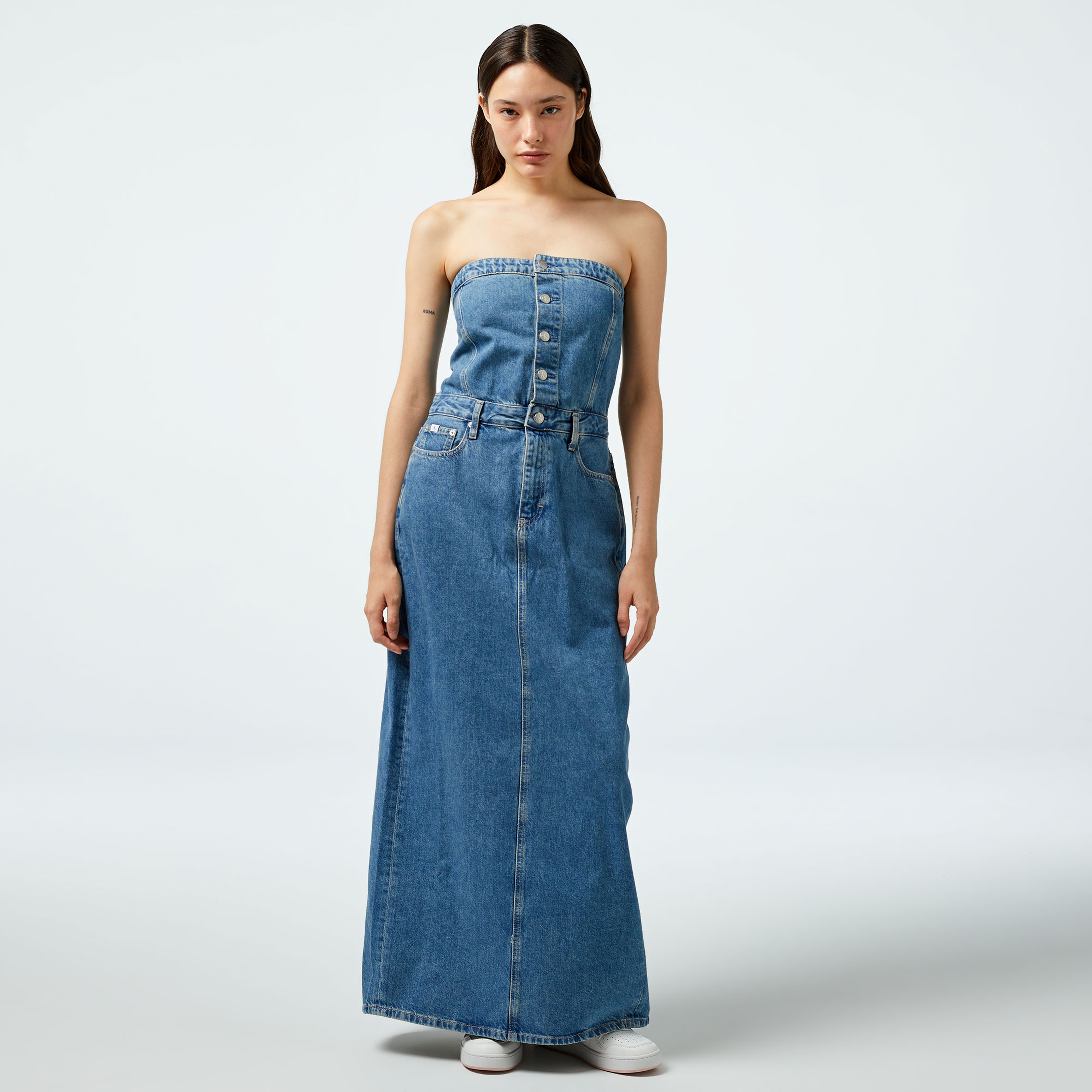 Calvin Klein Jeans Strapless Maxi Kadın Mavi Elbise