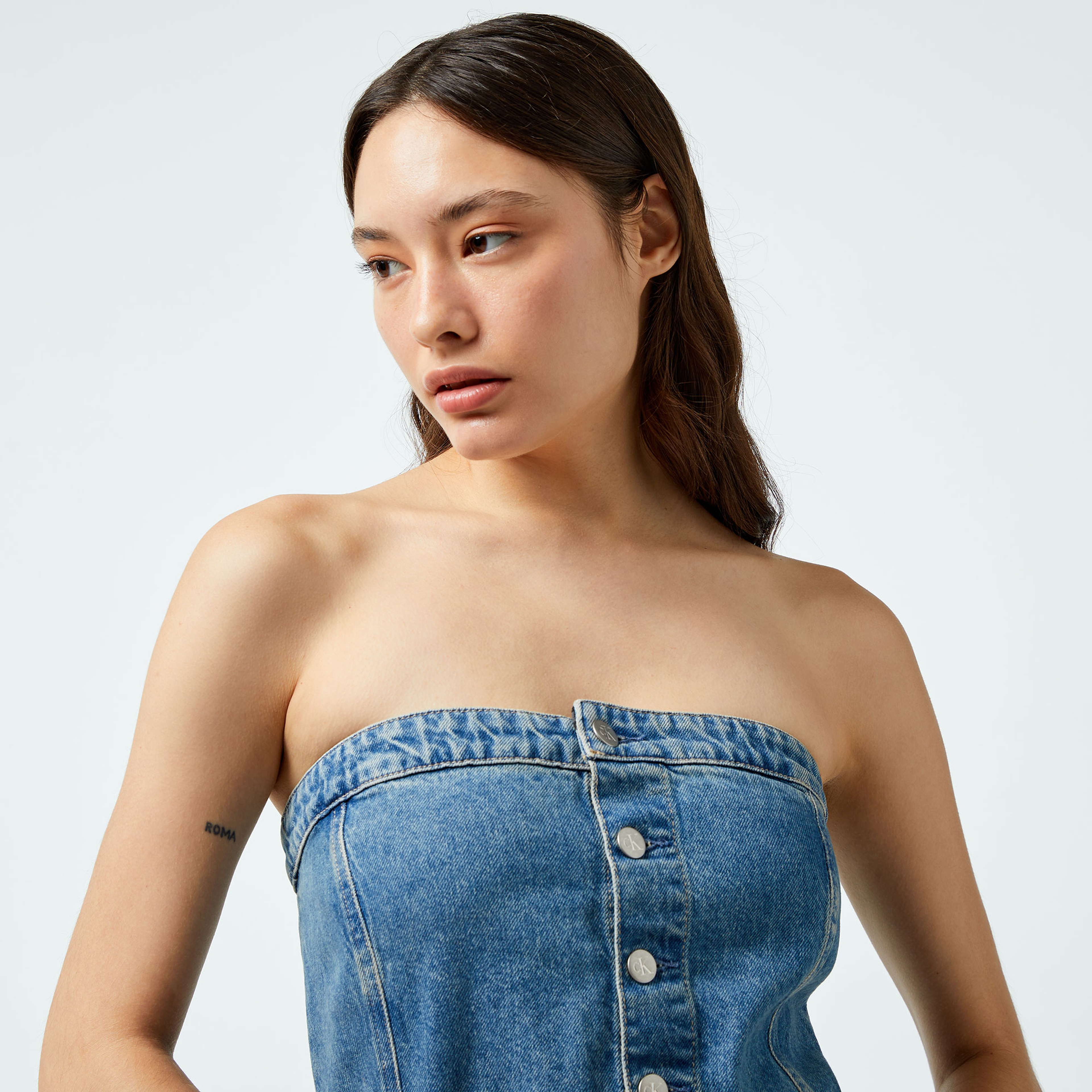Calvin Klein Jeans Strapless Maxi Kadın Mavi Elbise