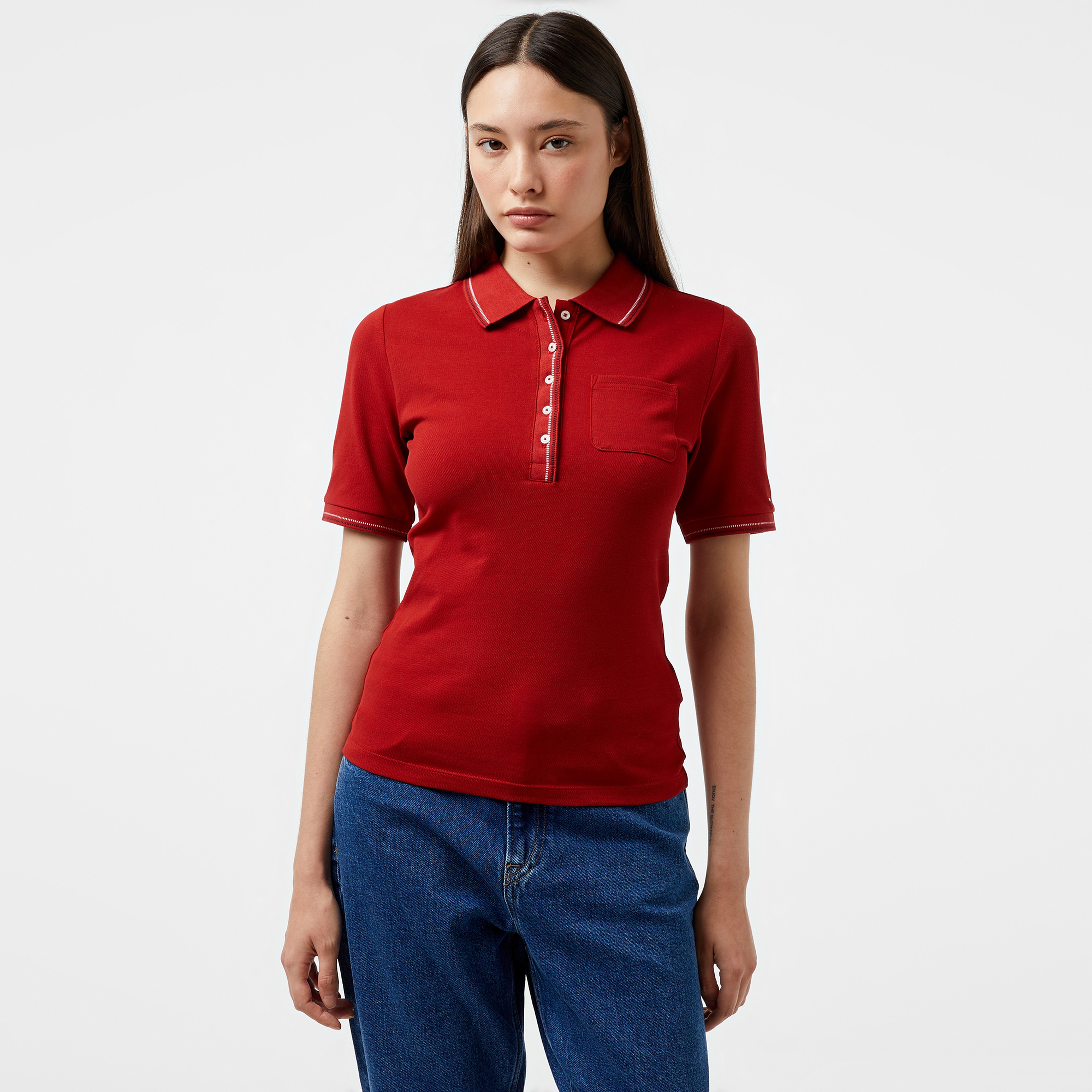 Tommy Hilfiger Slim Tipping Kadın Kırmızı Polo