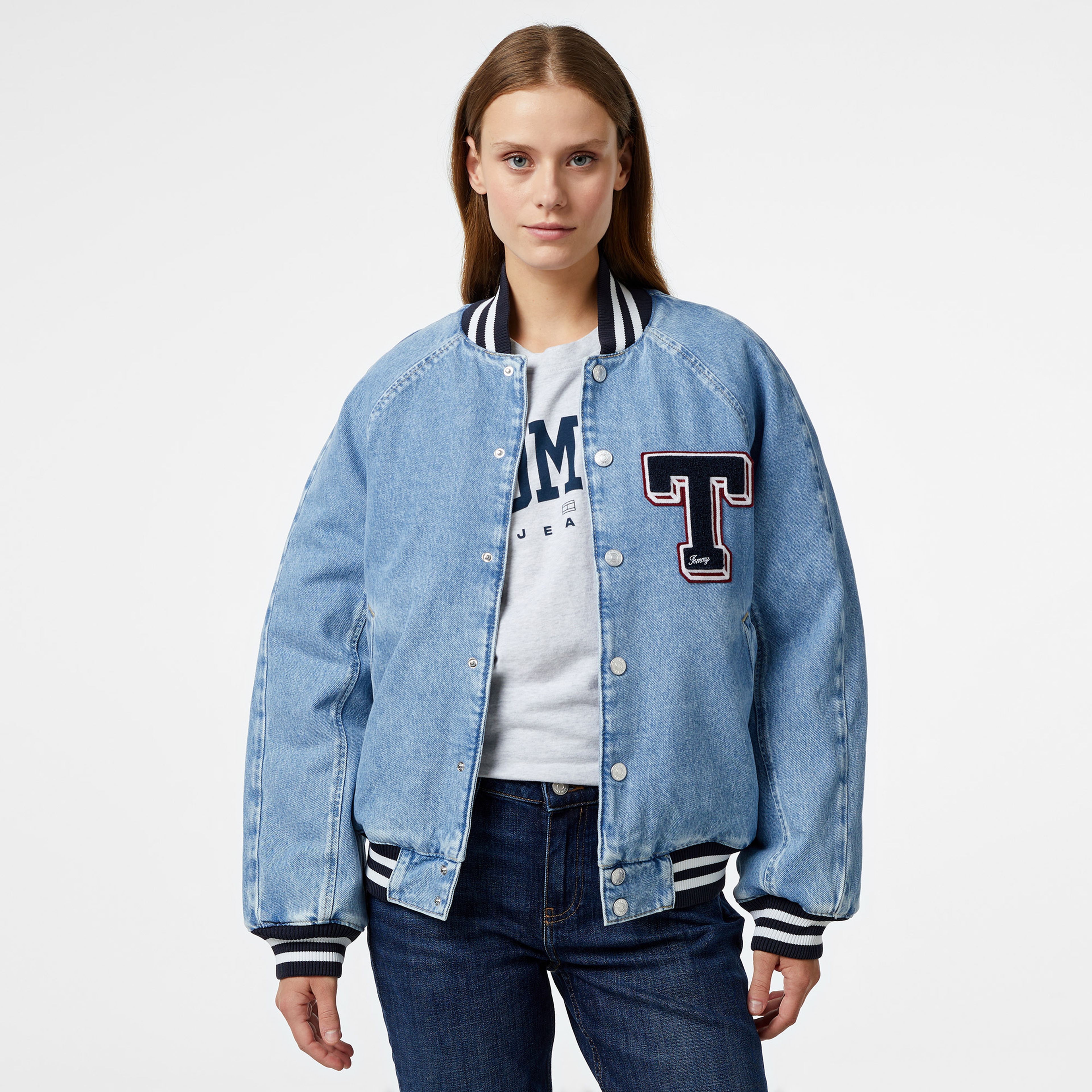 Tommy Hilfiger Jeans Letterman Denım Ch7011 Kadın Mavi Bomber Ceket