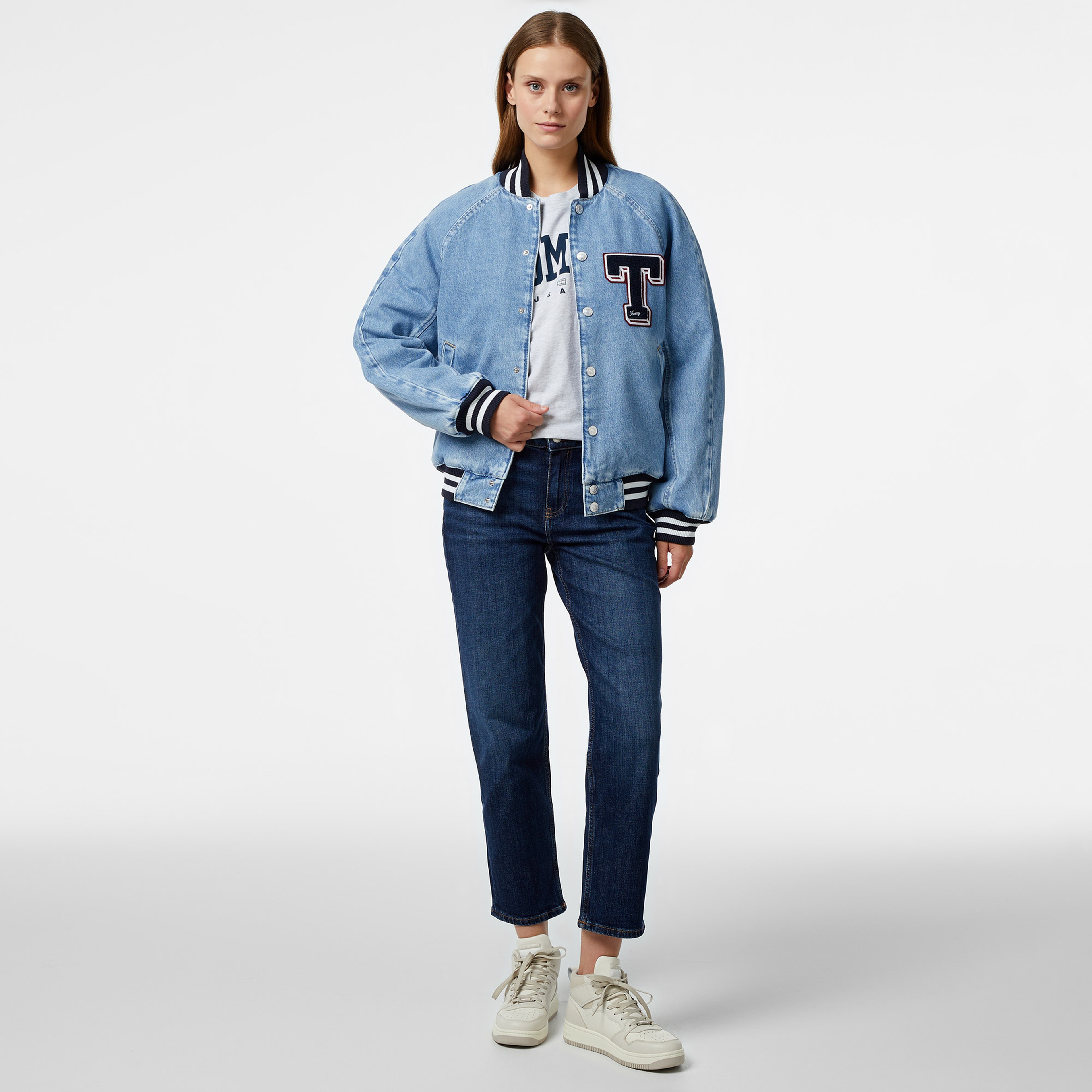 Tommy Hilfiger Jeans Letterman Denım Ch7011 Kadın Mavi Bomber Ceket